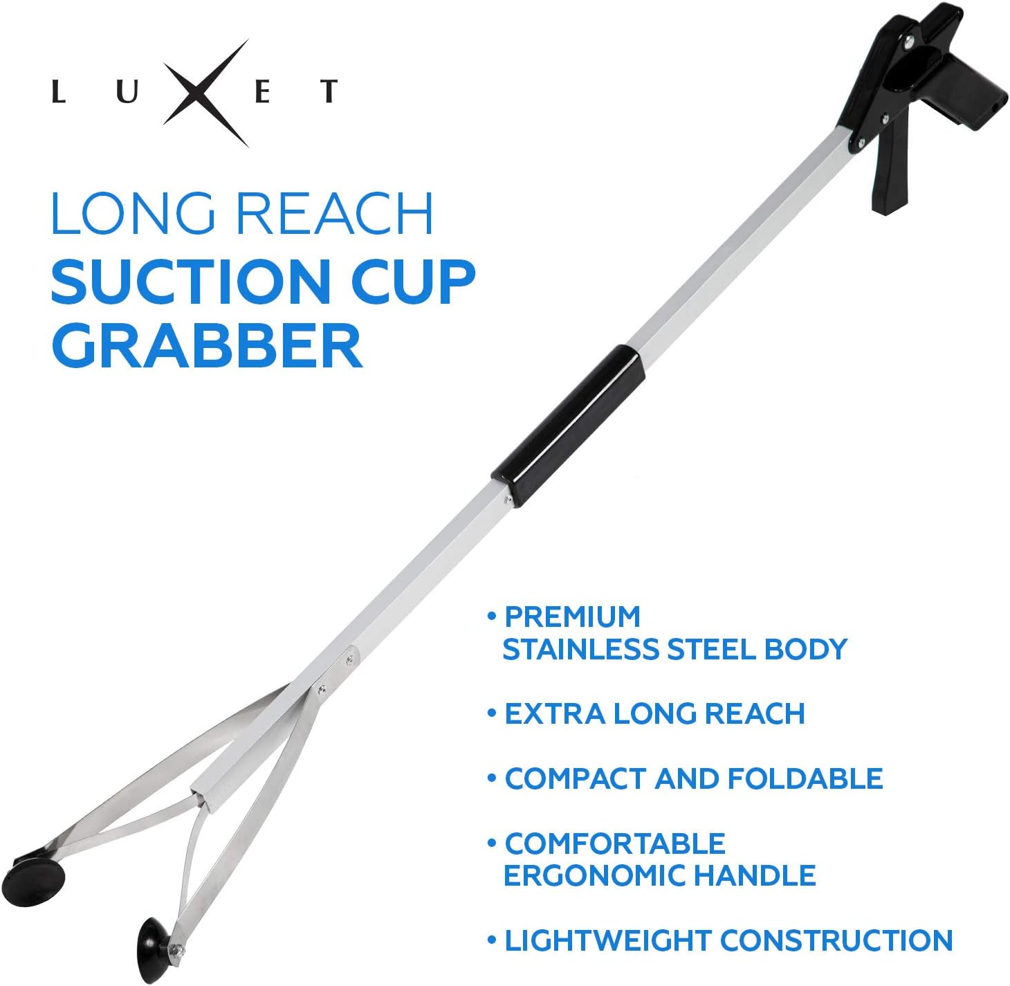 Grabber Reacher Suction Cup Grip Tool- Long 32 Inch Foldable Strong Heavy Duty Aluminum Pick Up Stick - Lightweight Trash Litter Picker Claw