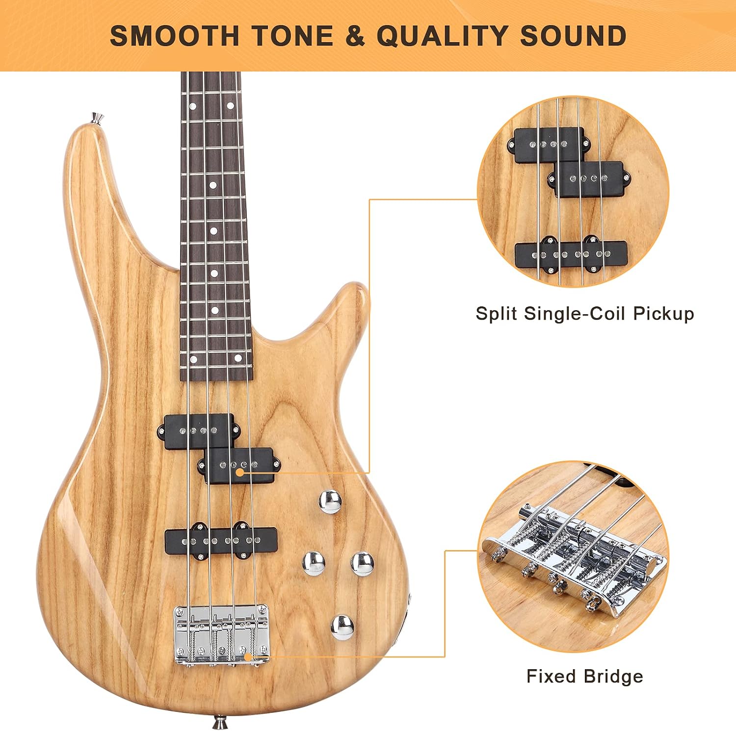 GLARRY GIB Series 4 String Electric Bass Guitar Beginner Kit Full Size with 20W AMP, Strap, Bag and Accessories (Burlywood)