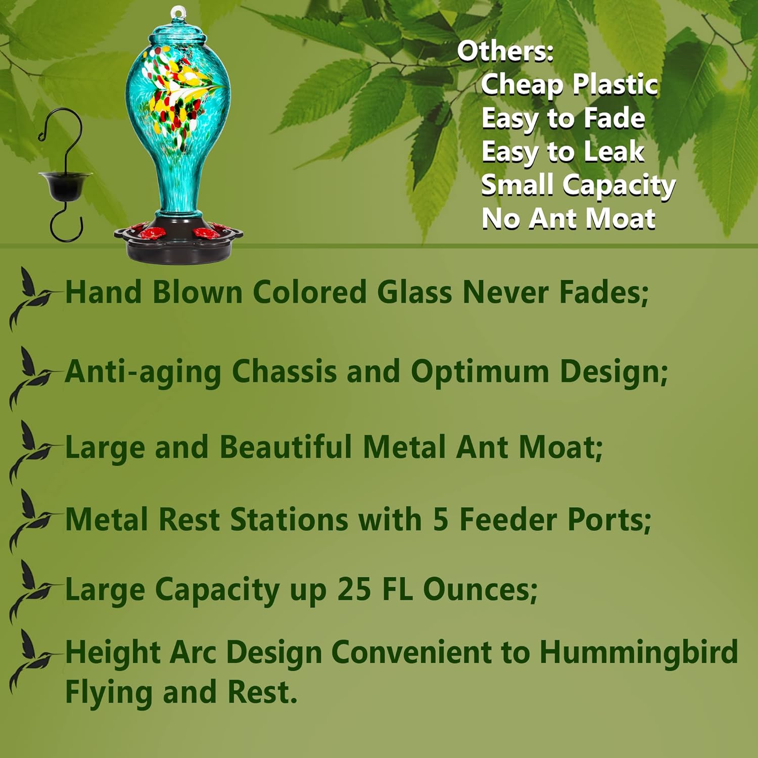 LUJII Hummingbird Feeder, Hand Blown Glass Hummingbird Feeder, Never Fade, 36 Fluid Ounces, 5 Feeding Metal Stations, Much Bigger, Garden Backyard Decorative, Containing Ant Moat (Blue)