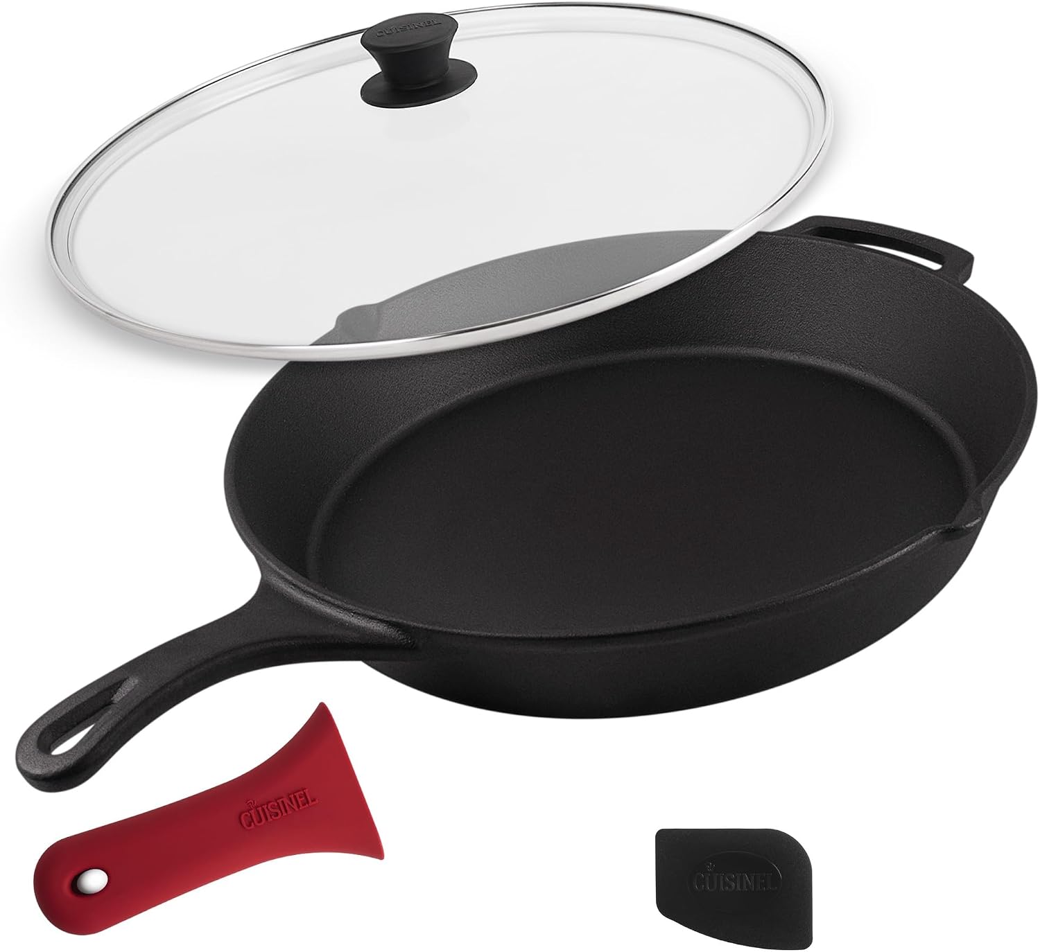 Cuisinel Cast Iron Skillet with Lid - 10"-Inch Pre-Seasoned Frying Pan + Glass Cover + Heat-Resistant Handle Holder - Indoor/Outdoor Use - Grill, Stove, Camp Firepit, Induction - Oven Safe Cookware