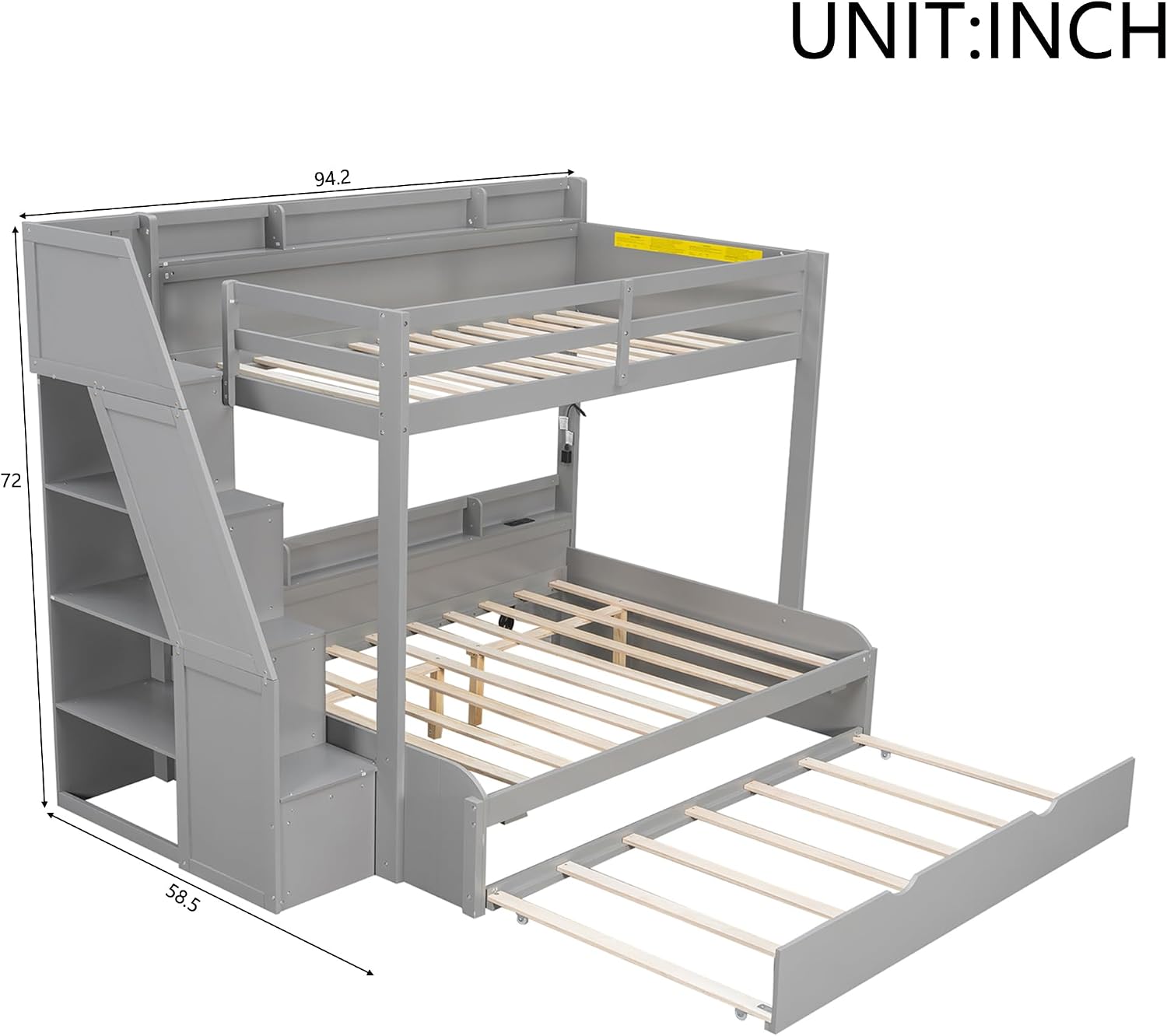 Bellemave Full Over Full Bunk Beds with Stairs Stairway Bunk Bed Frame with Storage Shelves for Teens Adult, Detachable Wood Full Bunk Bed, Gray