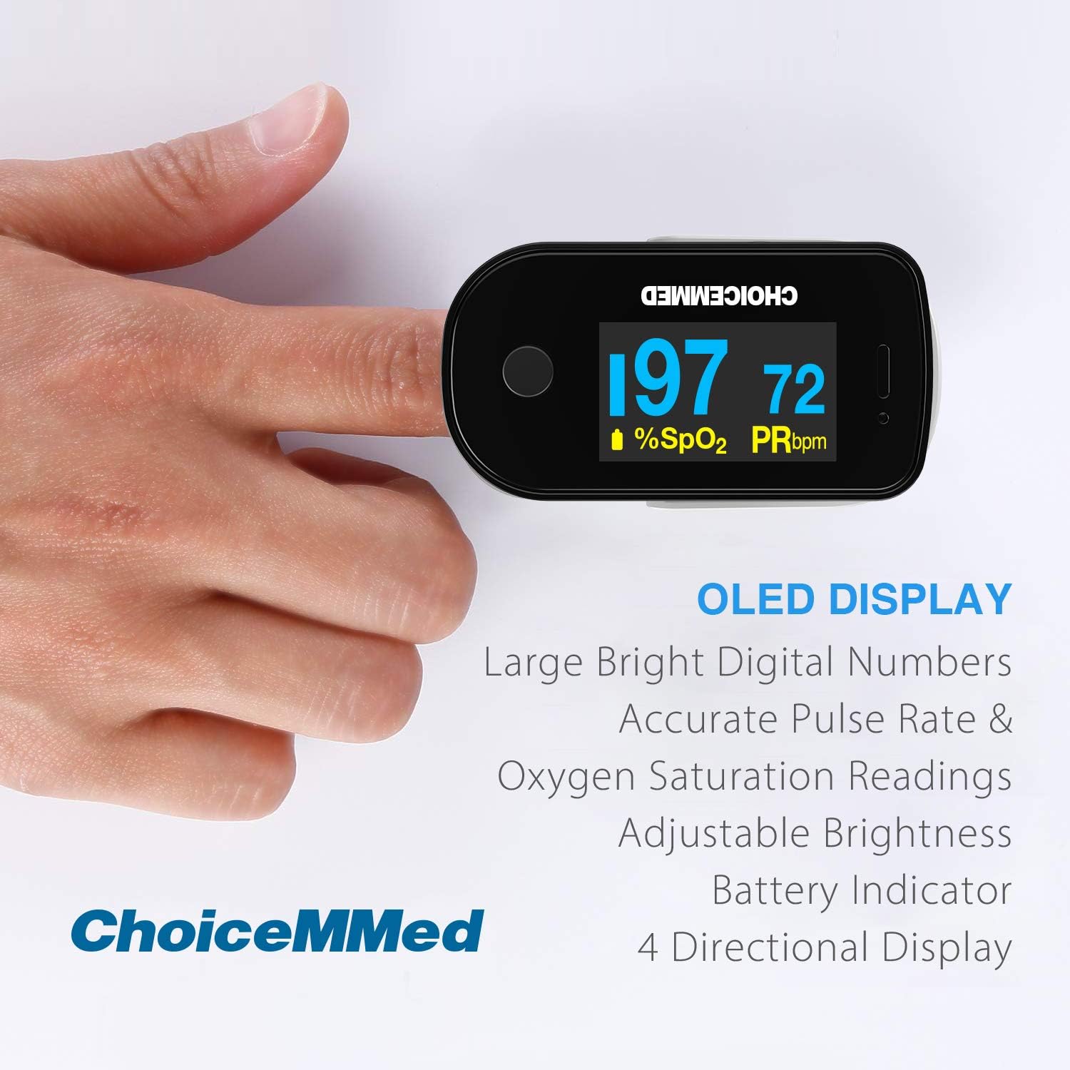 CHOICEMMED Black Dual Color OLED Finger Pulse Oximeter - Blood Oxygen Saturation Monitor with Color OLED Screen Display and Included Batteries - O2
