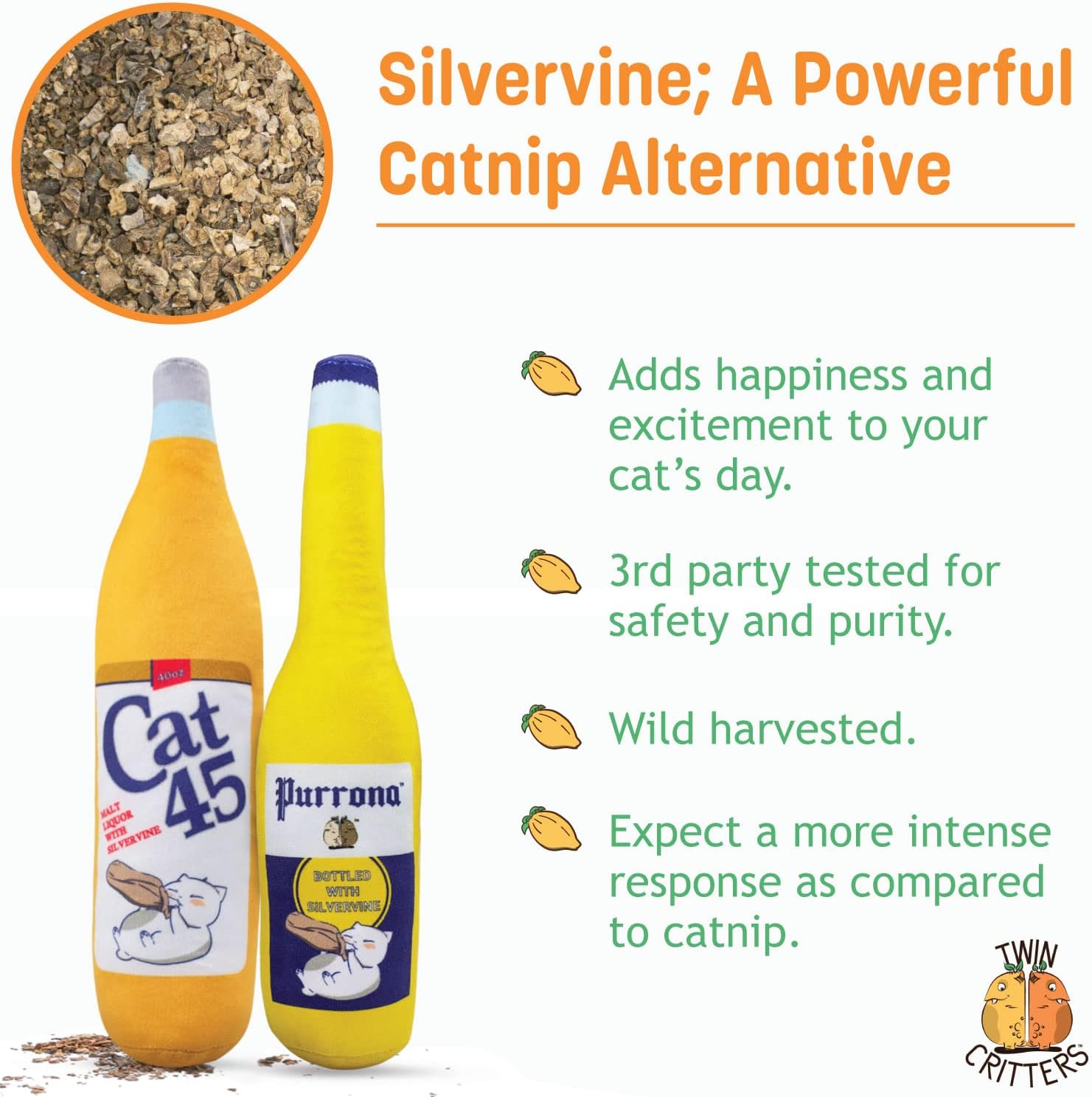KittiForti 2-Pack Organic Silvervine Catnip Substitute Toys for Cats & Kittens | 100% All-Natural Wild Harvested Silvervine | 2 Refillable Beer