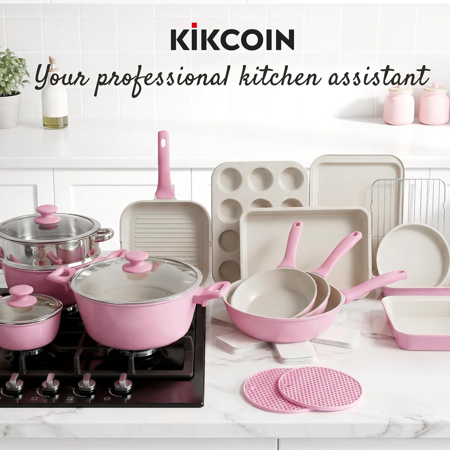 Kikcoin Pots and Pans Set Non Stick 31 Piece Kitchen Nonstick Cooking Cookware Sets with Grill Pan Saucepan Baking Sheet Utensil, Black