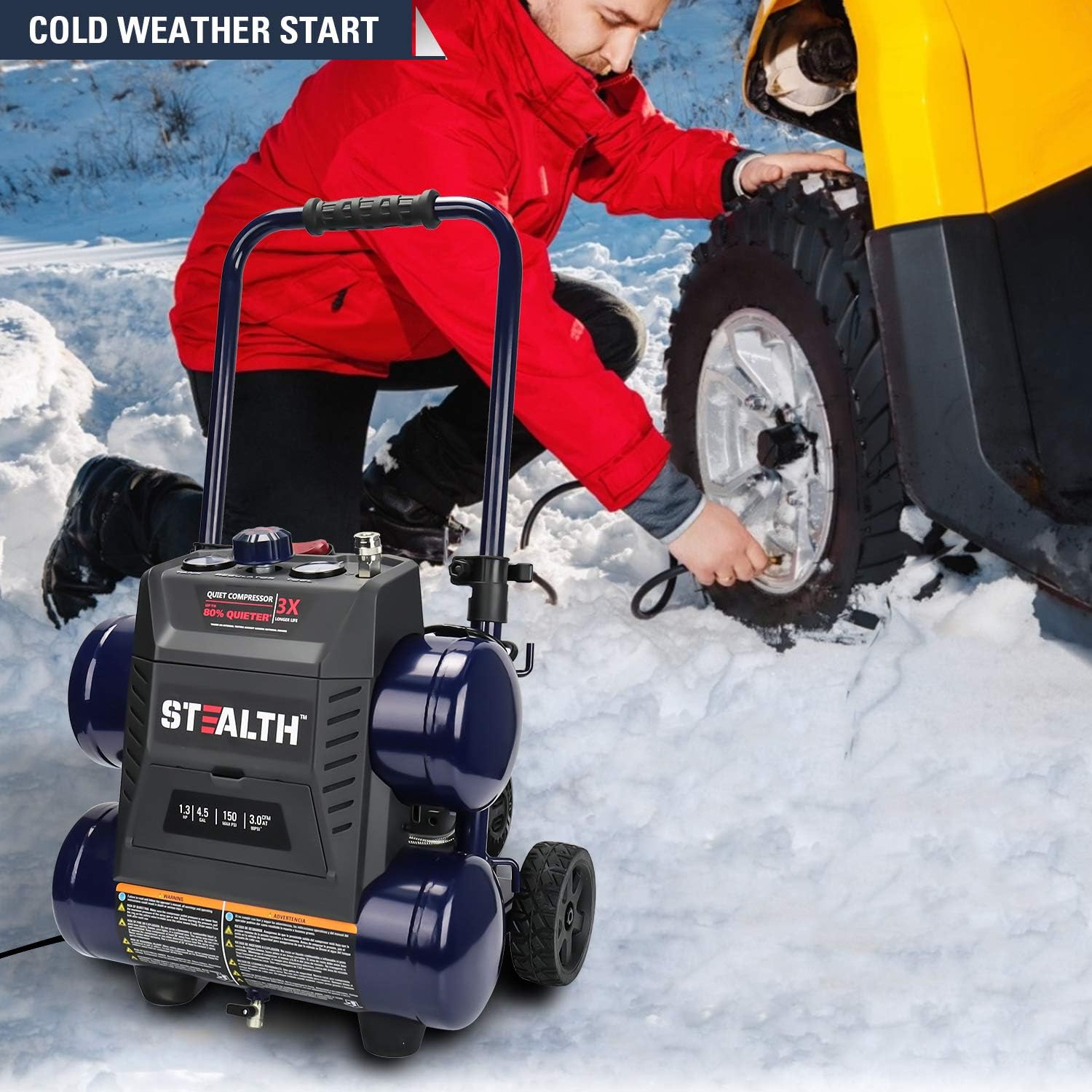 Stealth Quiet Air Compressor with Wheel, 64 Decibel 4.5 Gallon Peak 1.3 HP Max 150 PSI, Oil-Free Air Pump