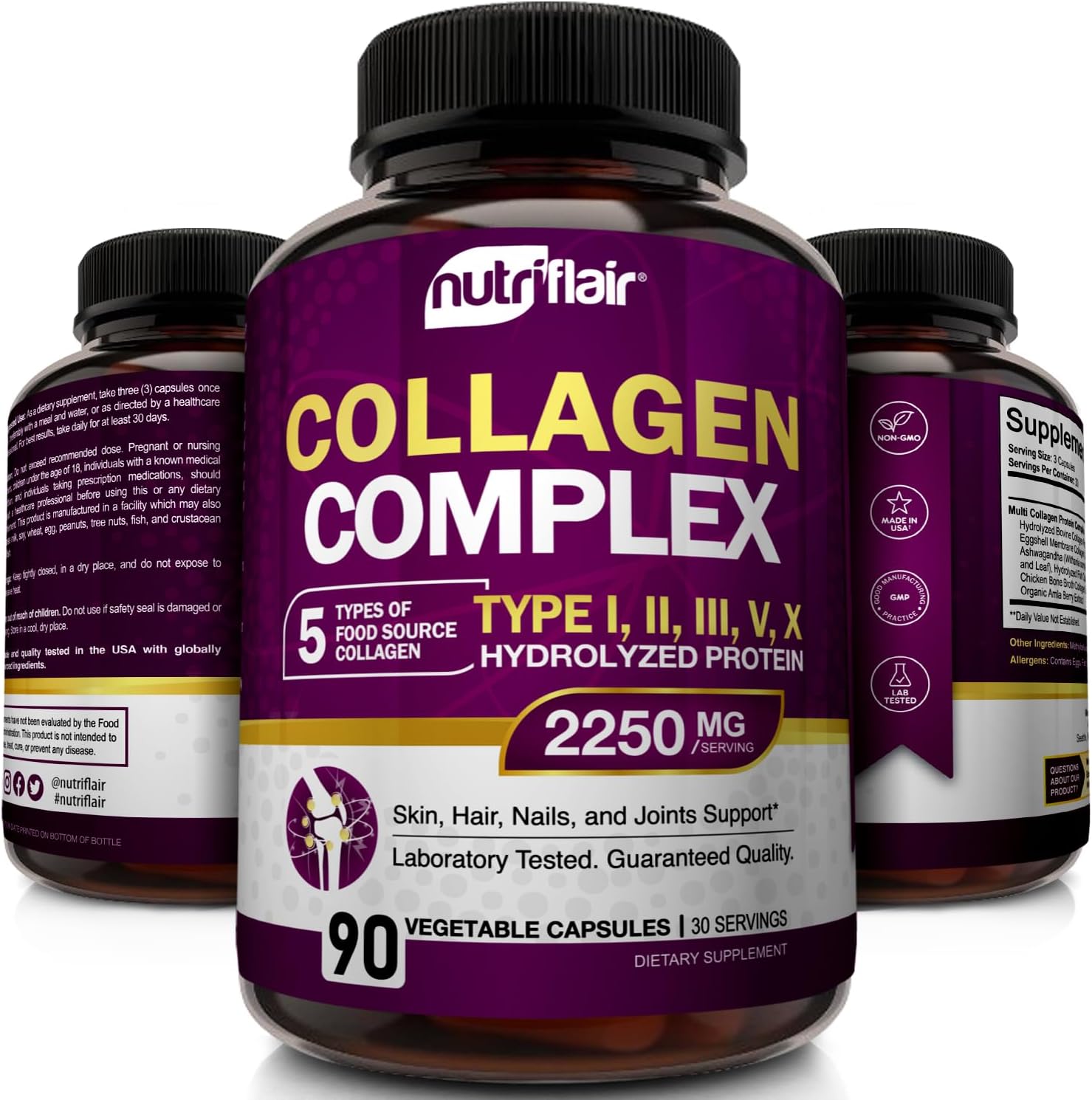 NutriFlair Multi Collagen Peptides 2250mg, 90 Capsules - Type I, II, III, V