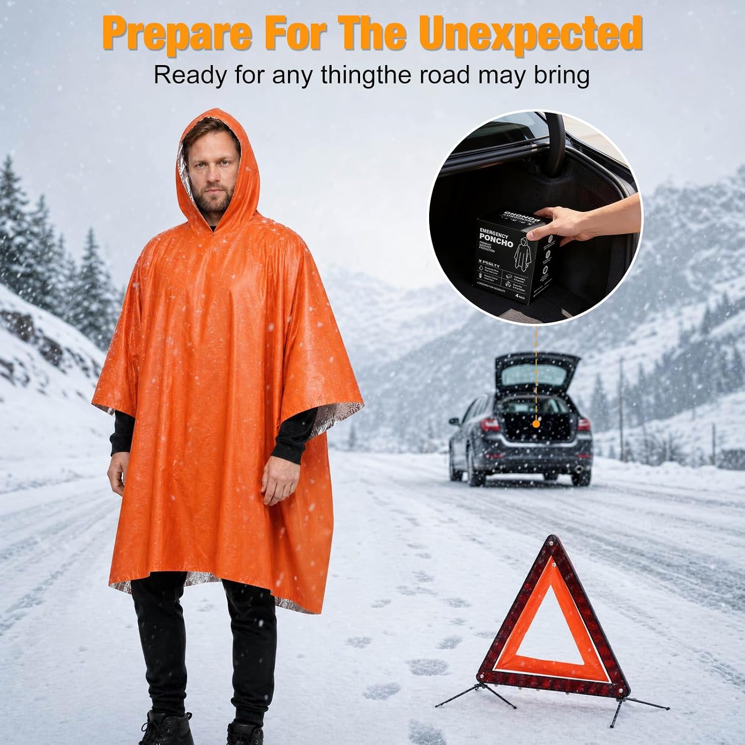 4 Pack Emergency Survival Mylar Poncho | 90% Heat Retention, Waterproof, Windproof, Tear-Resistant, Individually Packed for Hiking, Camping, Car Emergency Kit
