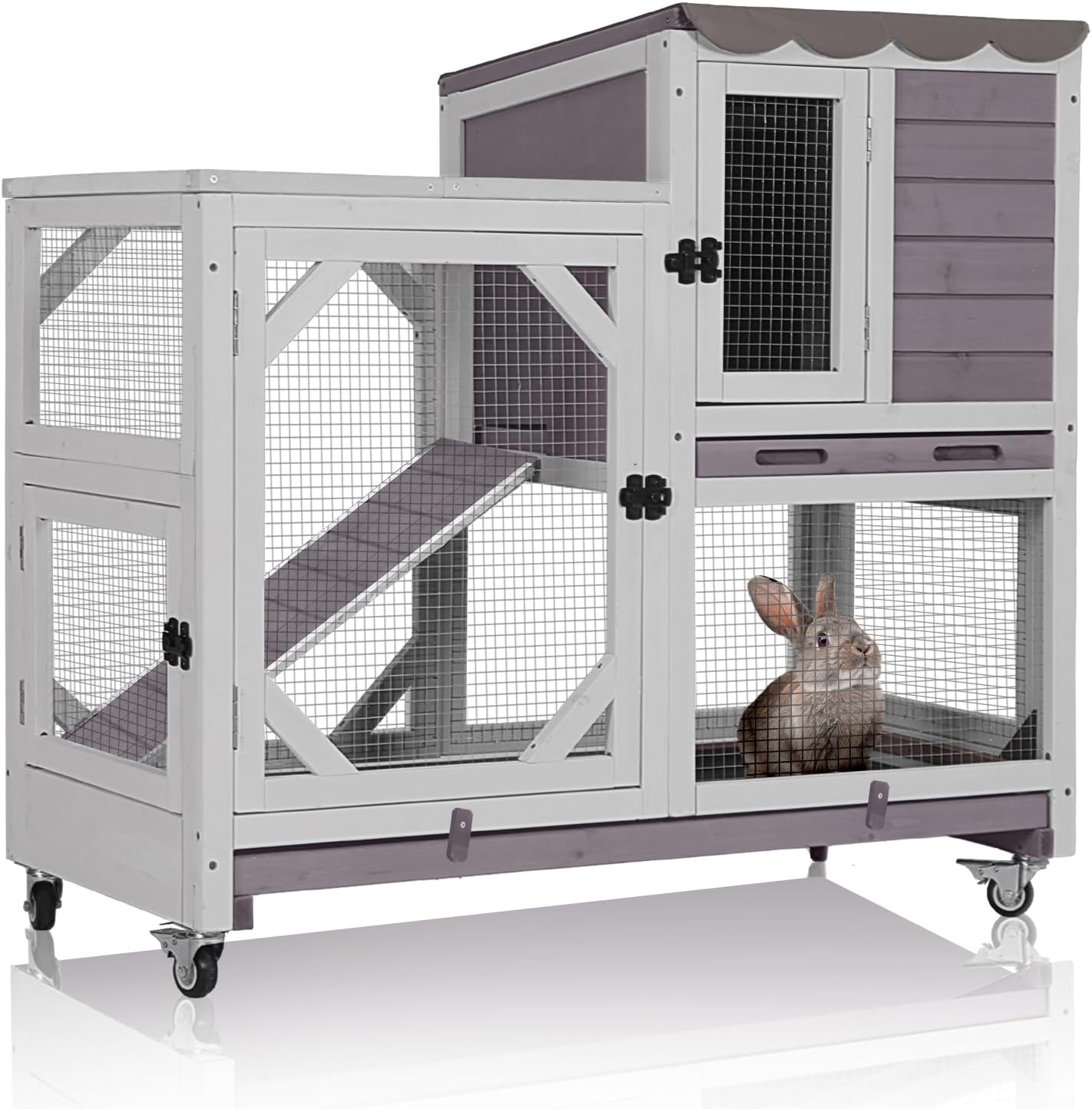 Indoor Rabbit Bunny Hutch Outdoor, Guinea Pig Cages with Removable Bottom Wire Netting - Easy Clean