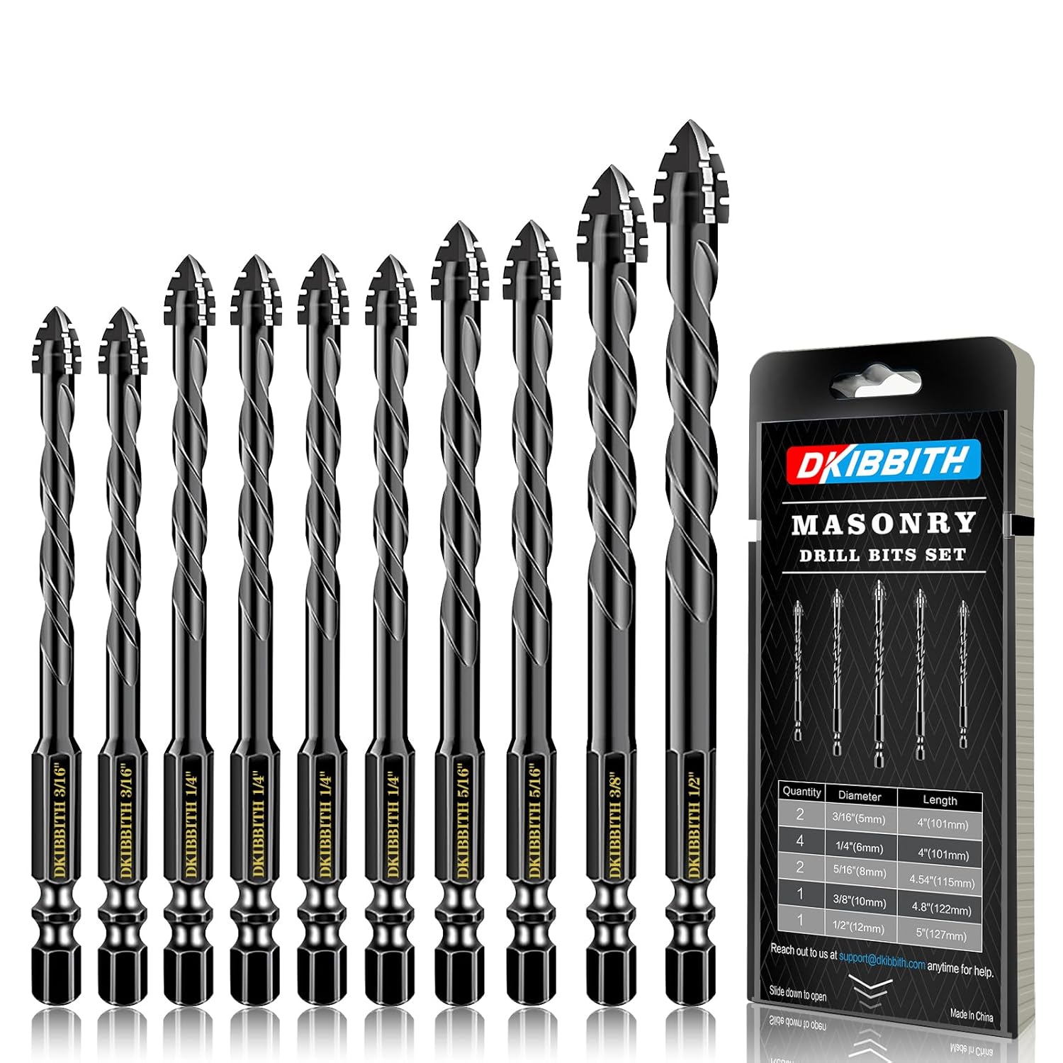 10-Piece Masonry Drill Bit Set for Concrete Tile Glass Ceramic Brick, 1/8 to 1/2 Inch Drilling Bits with Triangle Handle