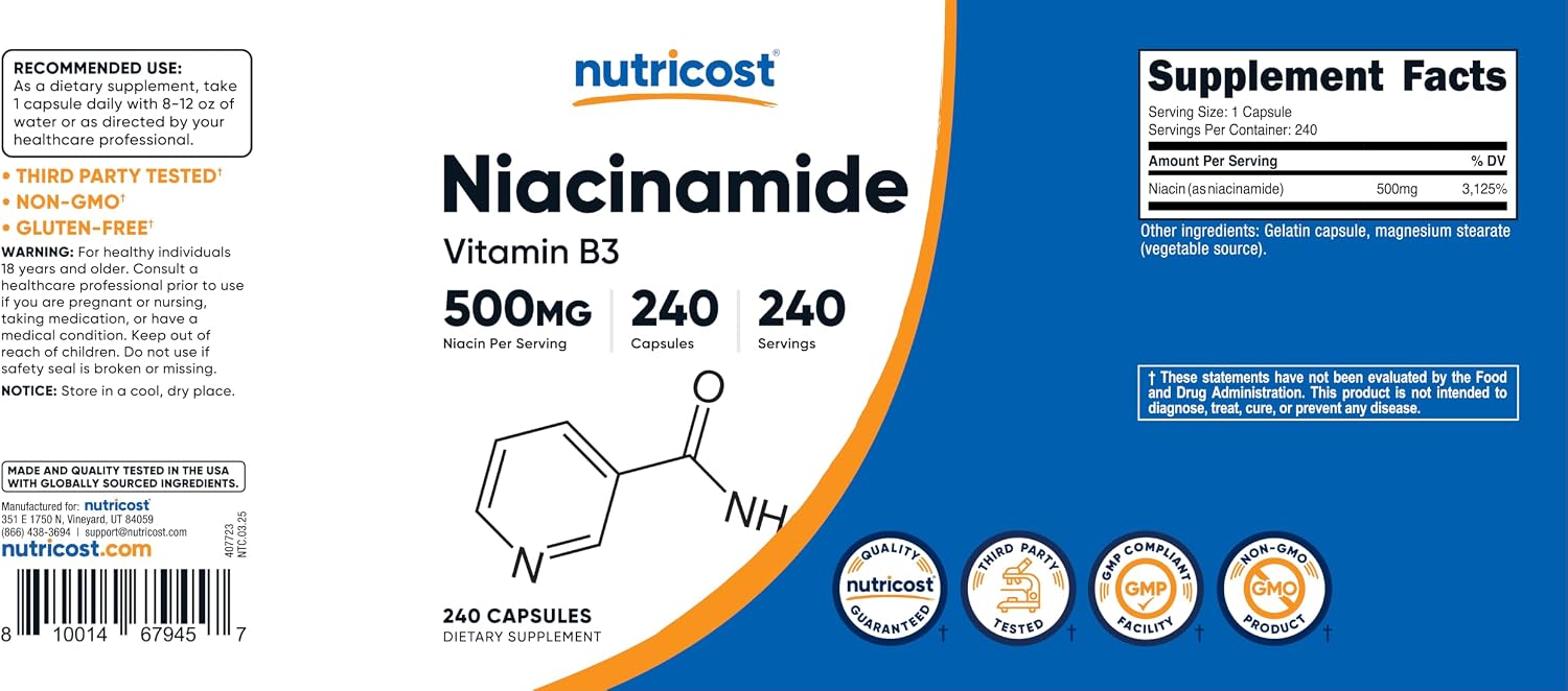 Nutricost Niacinamide (Vitamin B3) 500mg, 240 Capsules, Flush Free | Gluten-Free, GMO-Free