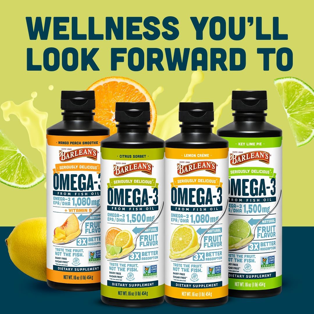 Barlean's Mango Peach Omega-3 Fish Oil, Vitamin D, 1080mg EPA & DHA, 8oz | Wild-caught fish oil plus vitamin D, EPA DHA omega-3, Burpless, Non-GMO, Gluten-free, Heart, brain, bone & immune