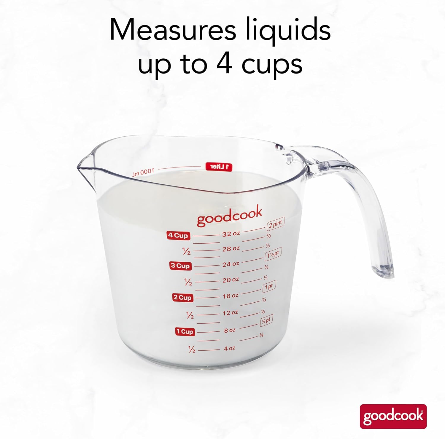 GoodCook Everyday 4-Cup Liquid Measuring Cup, Clear Plastic with Easy-to-Read Markings, Tapered Pour Spout, Comfortable Handle, Measures in Cups, Ounces, Pints, and Milliliters