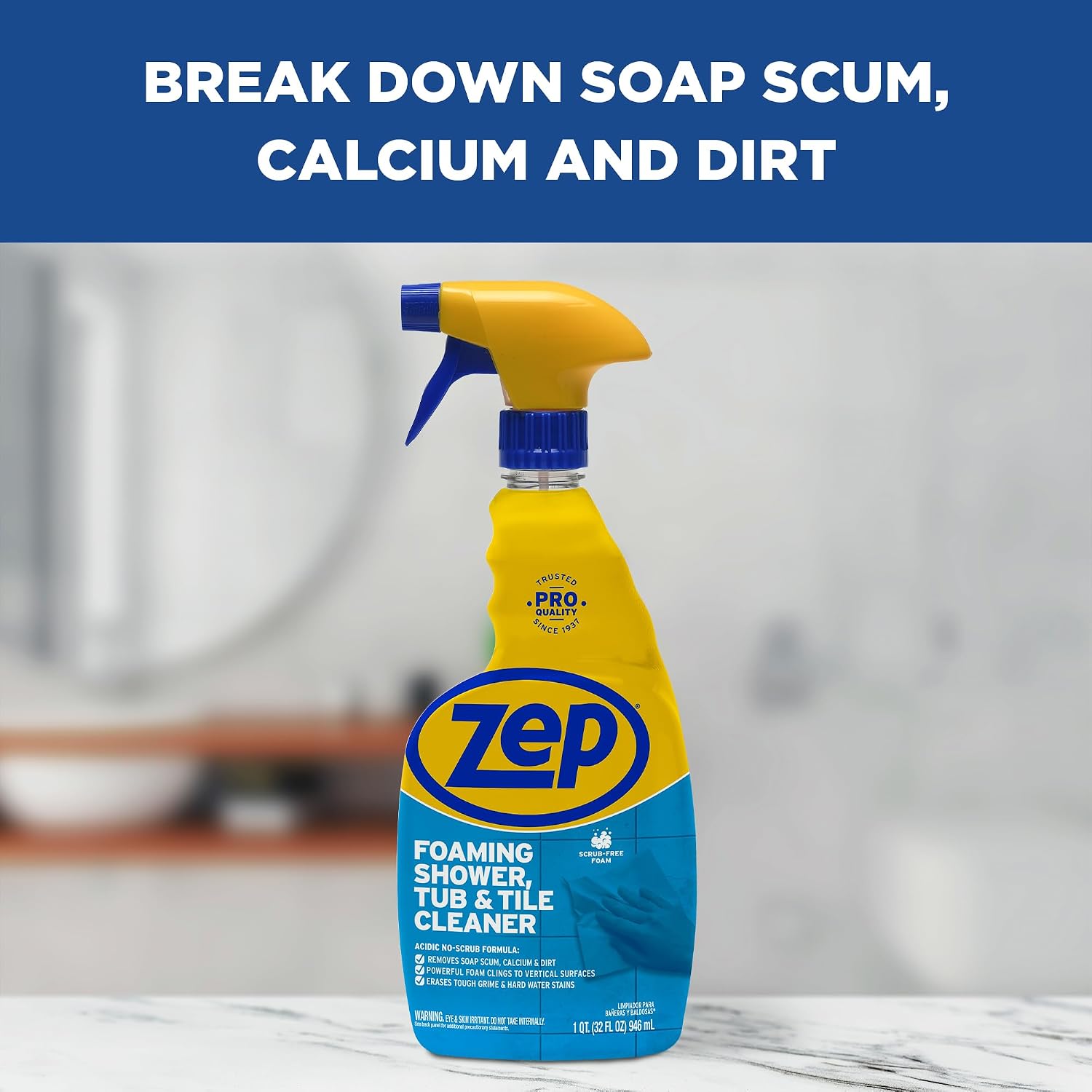 Zep Foaming Shower Tub and Tile Cleaner, 32 Ounce, Case of 4 | No Scrub Formula, Breaks up Tough Buildup on Contact