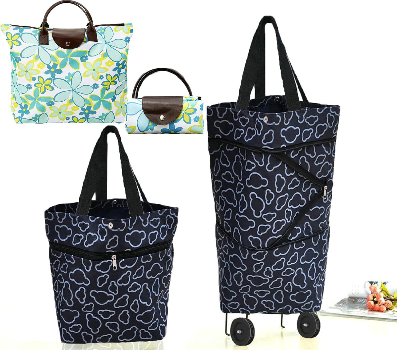 Collapsible Shopping Bag with Wheels Portable Shopping Cart with 360° Swivel Wheels Rolling Tote Bag Reusable Grocery Bag Trolley Bag on Wheels for Travel Shopping and Daily Use(Blue)