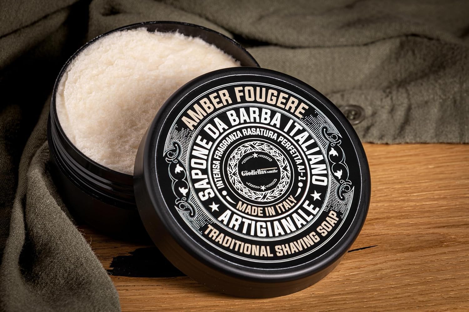 Goodfellas' Smile Amber Fougere Shaving Soap, Made in Italy | Builds Dense, Cushioning Lather For Smooth Razor Glide, Scented With Lavender