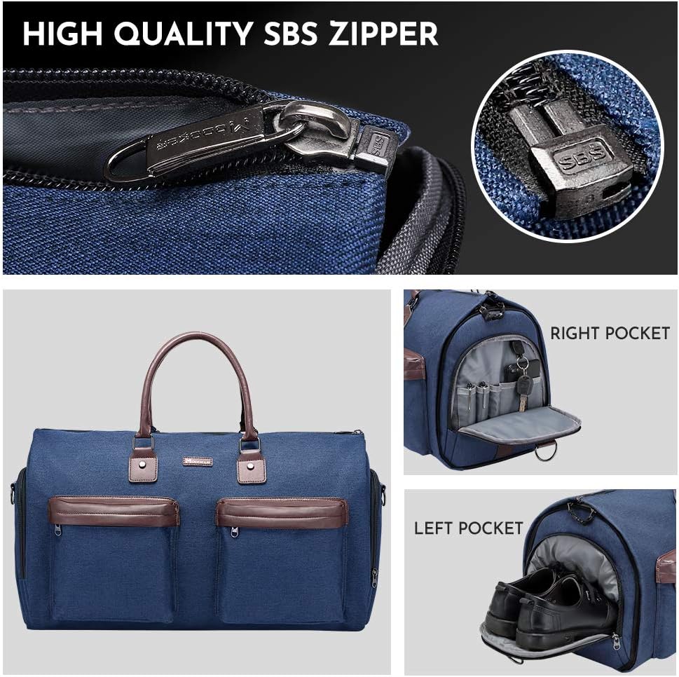 Convertible Garment Bag with Shoulder Strap, Modoker Carry on Garment Duffel Bag for Men Women - 2 in 1 Hanging Suitcase Suit Travel Bags, Blue, 45l