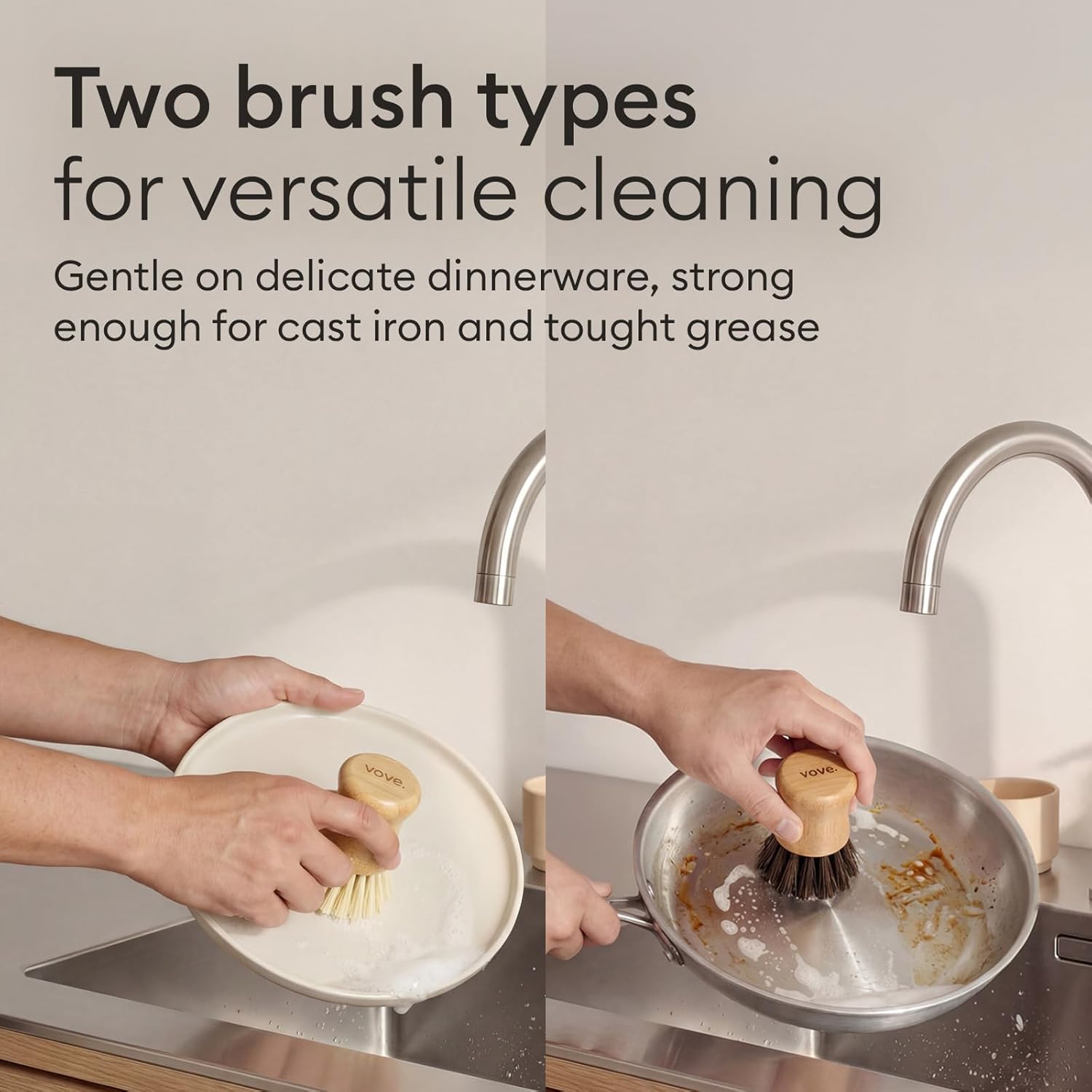 Vove Bamboo Dish Scrub Brush Set 3-Pack, 2 Hard and 1 Medium Brushes