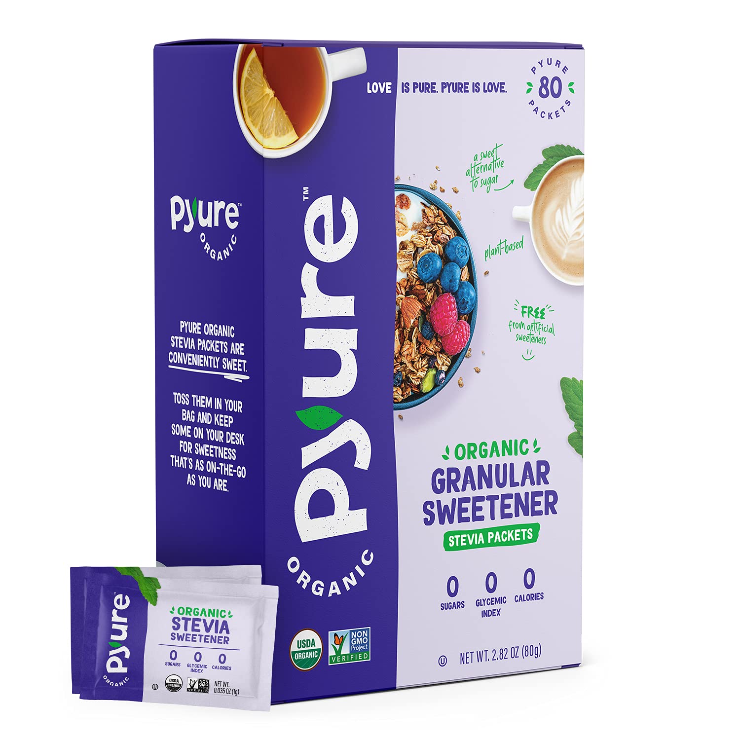 Pyure Organic Stevia Packets | Zero Calorie Sweetener For Coffee, 40 Count | Zero calorie organic stevia packets for coffee, tea, baking, keto, paleo, diabetic diets, lunchboxes, travel, and office