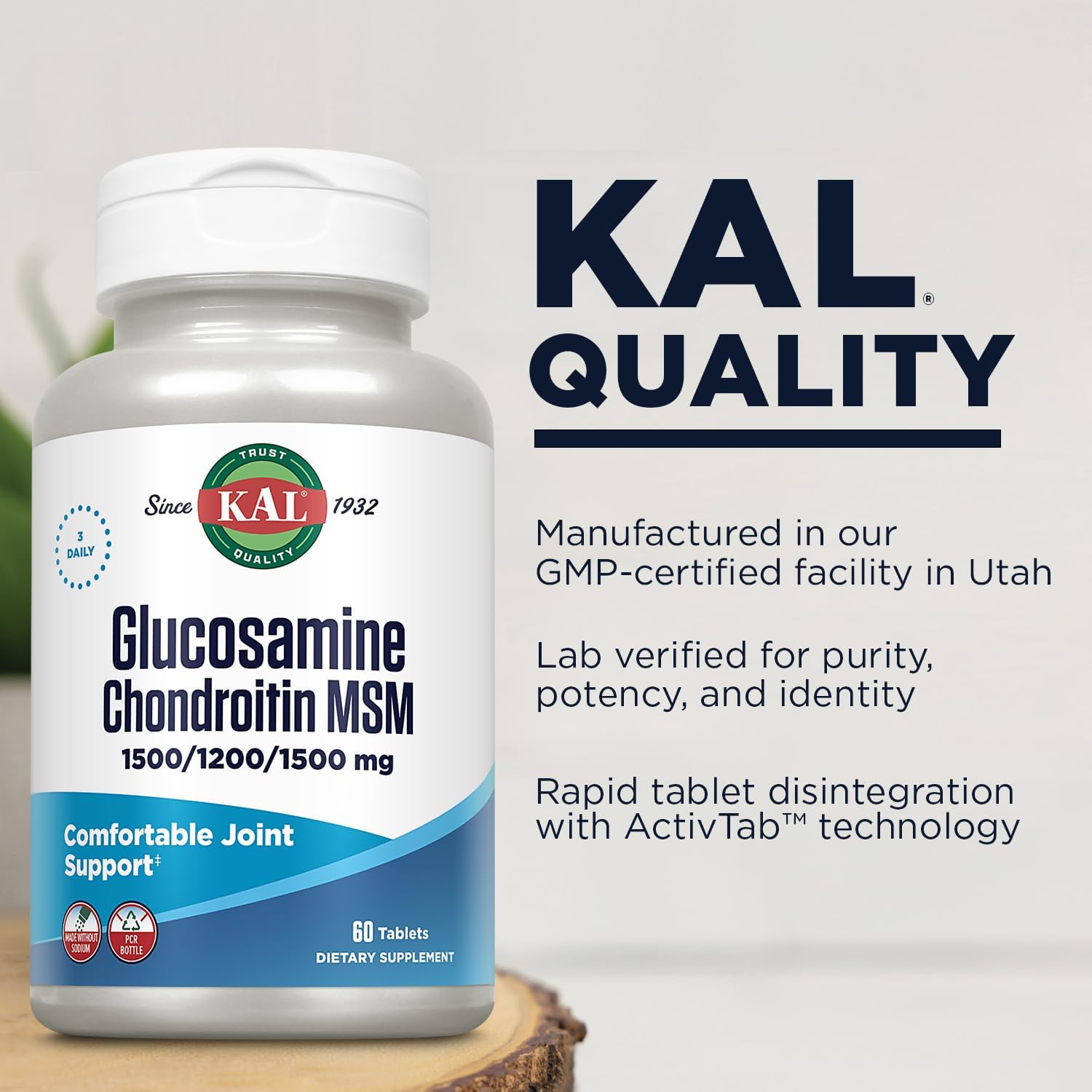 KAL Glucosamine Chondroitin MSM, Joint Support Supplement for Women and Men, 1500mg Glucosamine Sulfate, 1200mg Chondroitin, MSM, Rapid Disintegration, 60-Day Guarantee, 30 Servings, 90 Tablets