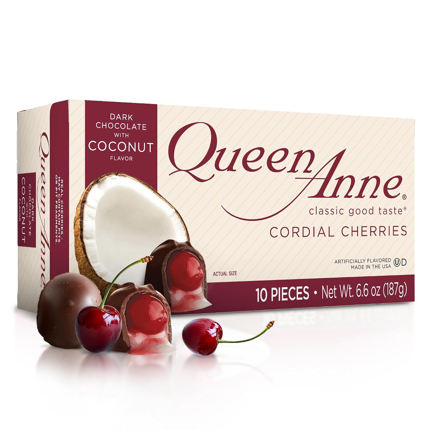 Queen Anne French Vanilla Chocolate Covered Cordial Cherries | 6.6 oz | 10 Piece Gift Boxes | Whole Maraschino Cherry Creamy Filled Liquid Center | Holiday Party Chocolate Candy
