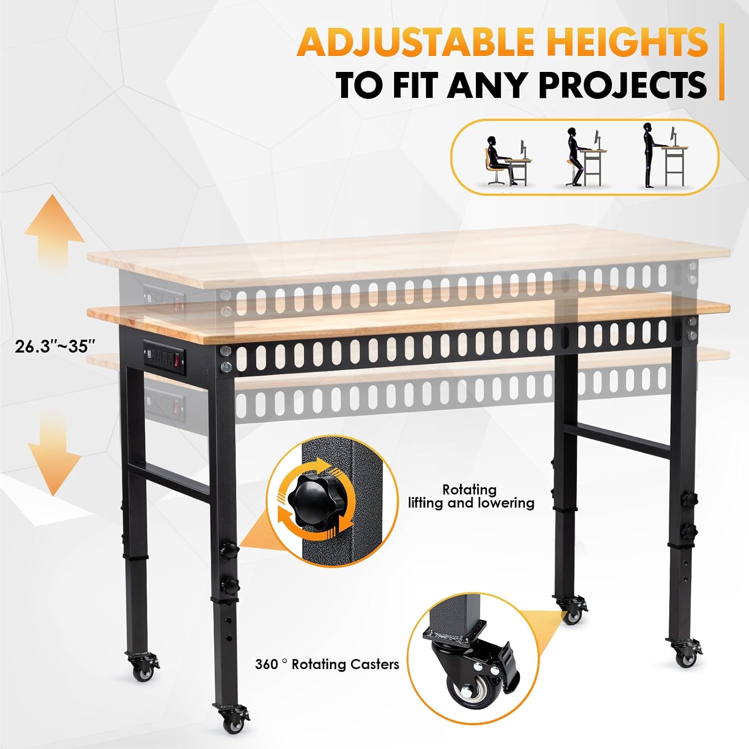 48" Adjustable Workbench, Work Table with Wheels and Power Outlet | 2000LBS Load Capacity Rubber Wood Top Workstation, Heavy-Duty Craft Table for Garage Workshop