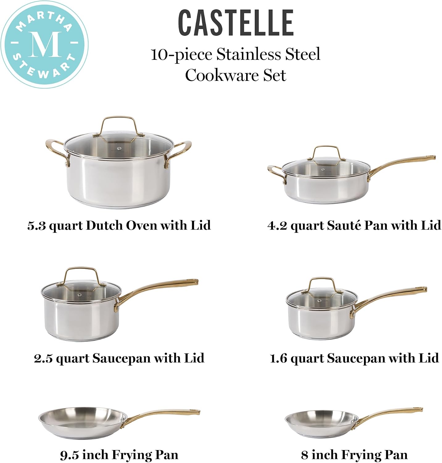Martha Stewart Castelle 10 Piece 18/8 Durable Stainless Steel Induction Safe Pots and Pans Non-Toxic Kitchen Cookware Set - Gold Handles - Dishwasher Safe