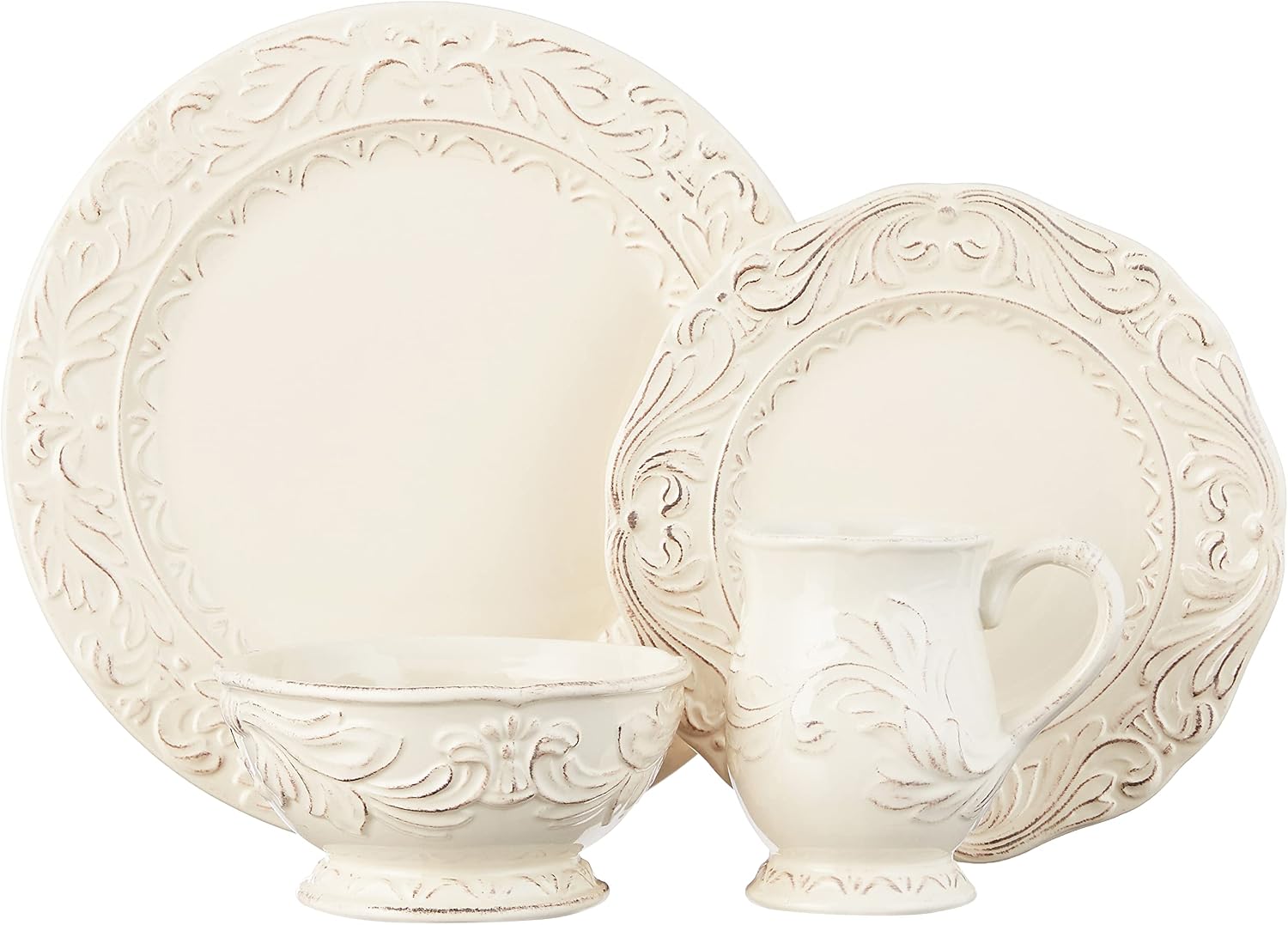 Firenze Ivory 16-Piece Ceramic Dinnerware Set, Service for 4 – Embossed Plates