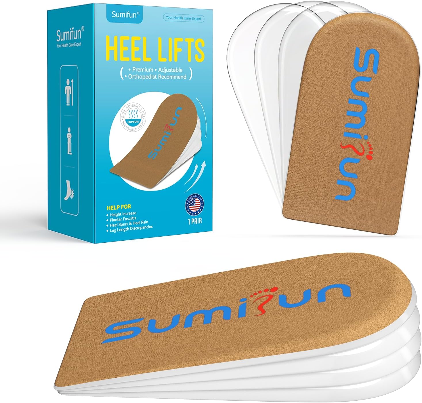 Sumifun Heel Lift, 4-Layer 1 Inch Gel Shoe Lifts for Women Uneven Legs, Adjustable Orthopedic Heel Lifts for Heel Pain and Leg Length Discrepancy