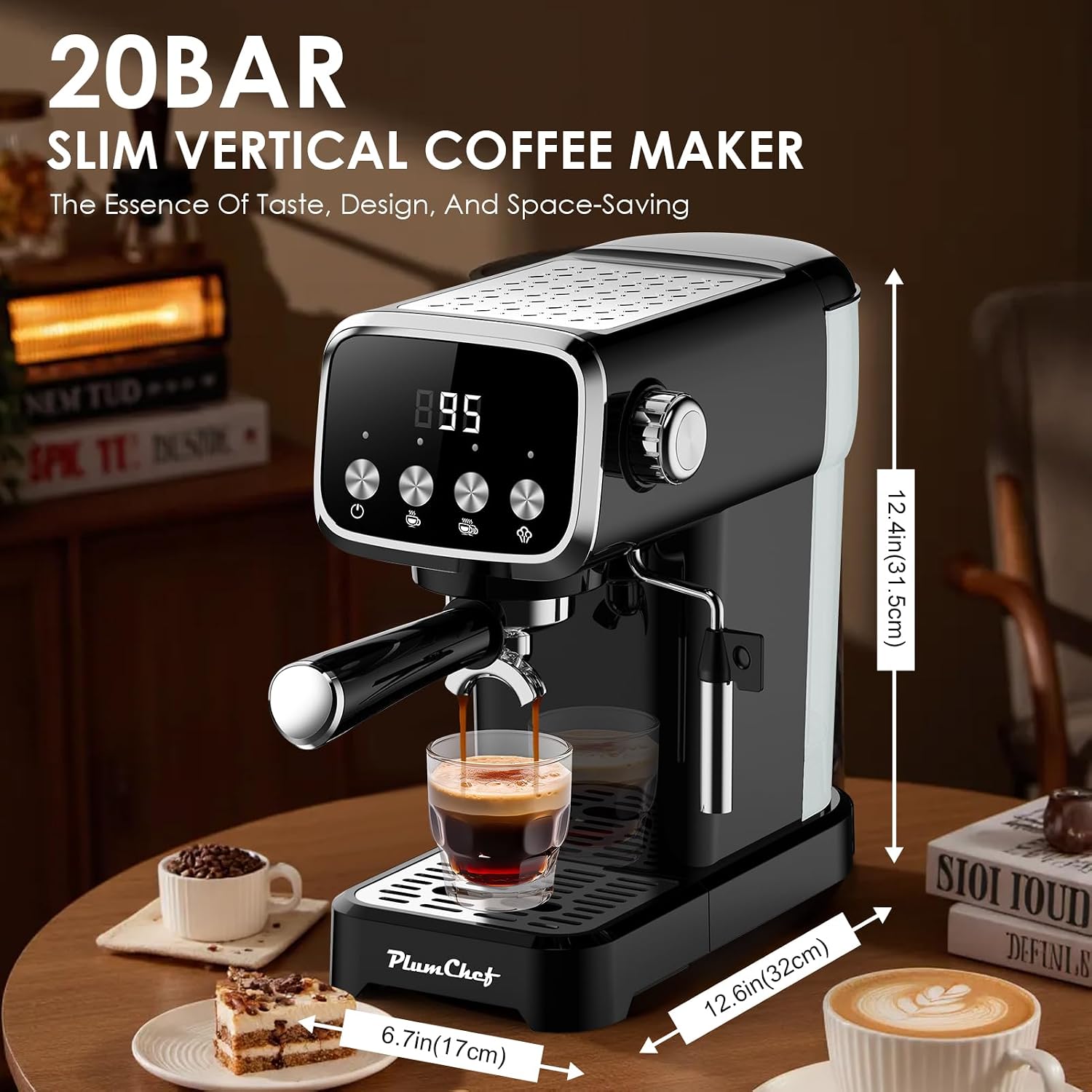 Plum chef Espresso Machine 20 Bar, Household Coffee Maker with Milk Frother Steam Wand, Pressure Gauge, 54oz Large Water Tank, Low Noise Fast Brew for Cappuccino Latte Macchiato Home Office