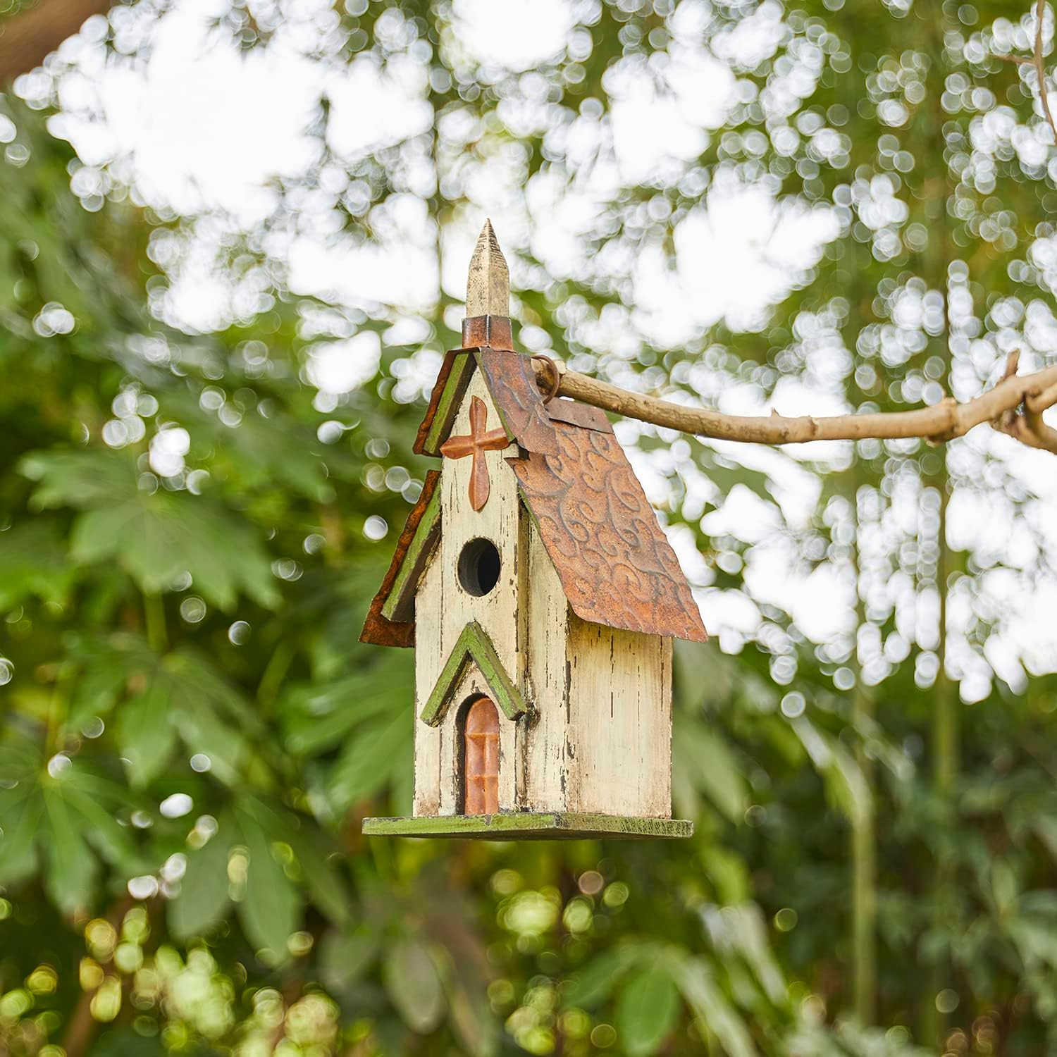 Glitzhome 14" H Hanging Distressed Wooden Church Birdhouse Garden Decor