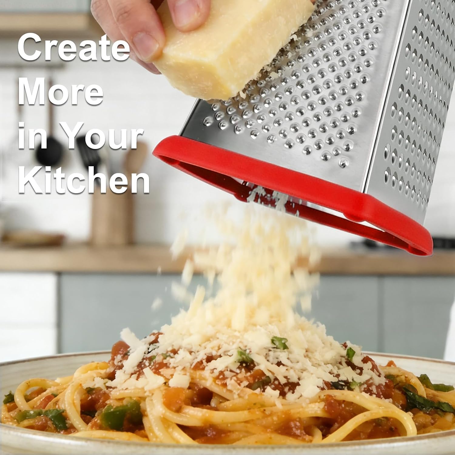 Ourokhome Cheese Grater with Handle, Stainless Steel Box Grater, 4 Side Kitchen Vegetable Shredder Slicer Zester with Container for Parmesan, Cabbage