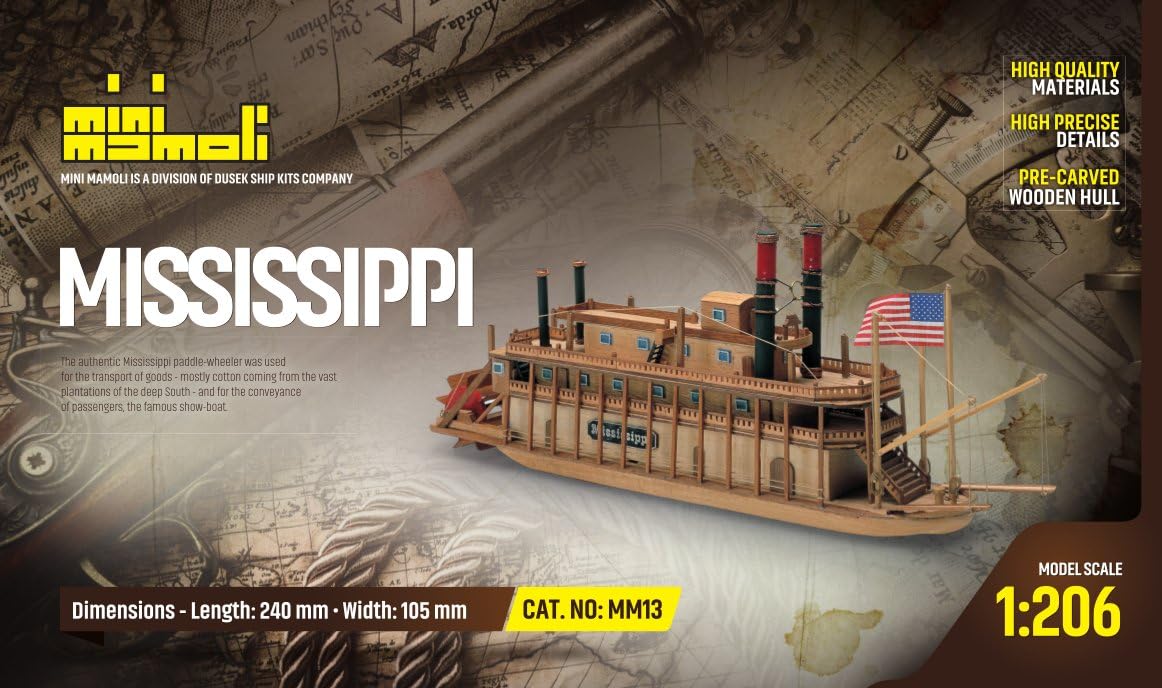 Mamoli MM13 - Mississippi - Pre-Carved Wooden Hull Ship Model Kit - Scale 1/206 Length 240mm (9.5")