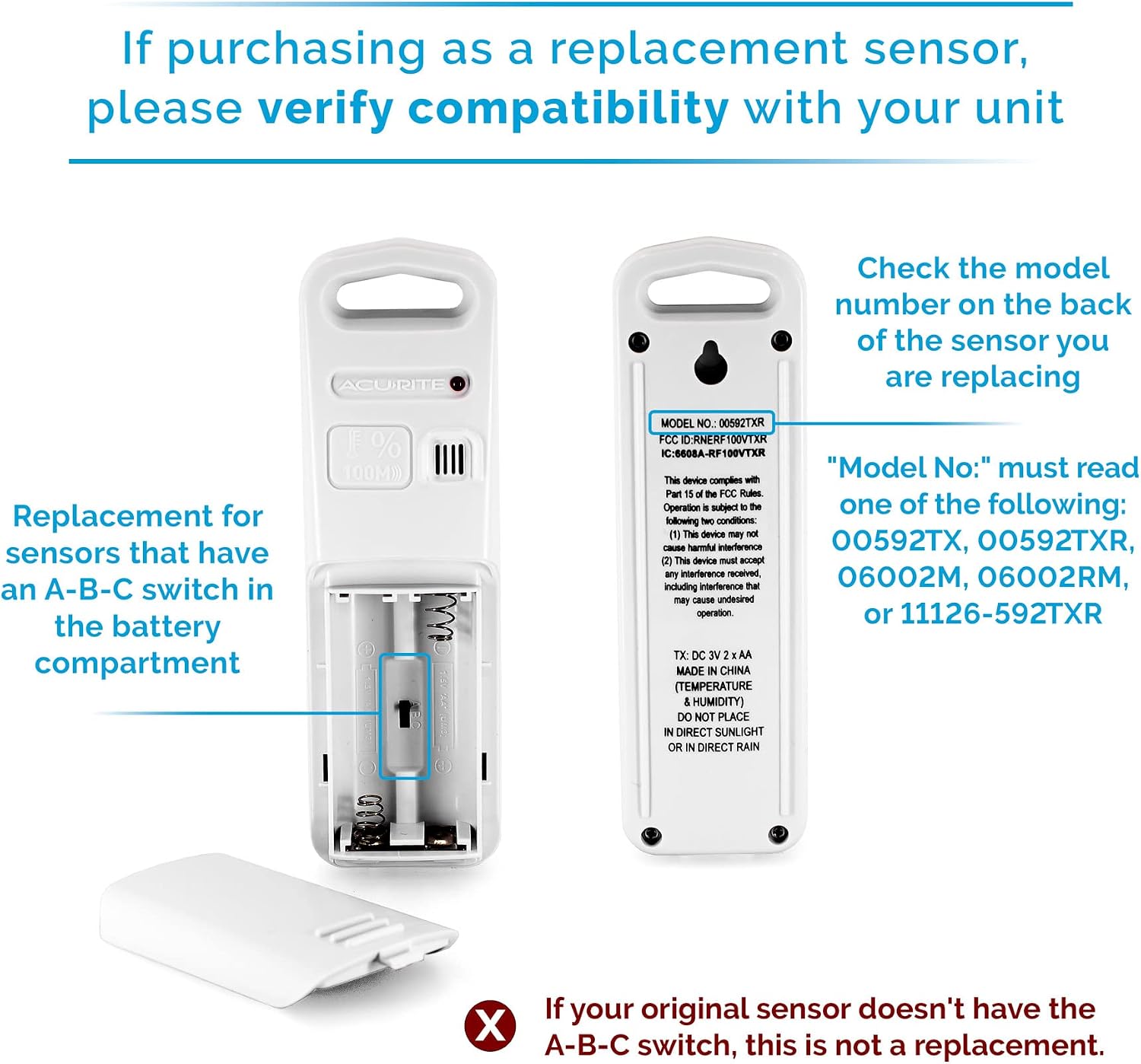 AcuRite Wireless Indoor Outdoor Temperature and Humidity Sensor with A-B-C Switch (06002M / 592TXR)