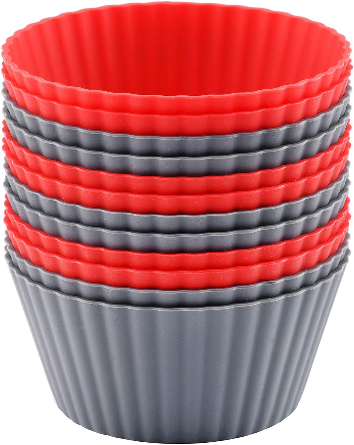 12 Pack Reusable Nonstick Jumbo Silicone Baking Cups, Cupcake and Muffin Liners, 3.8 Inch Large Size, Red and Gray Colors, Round