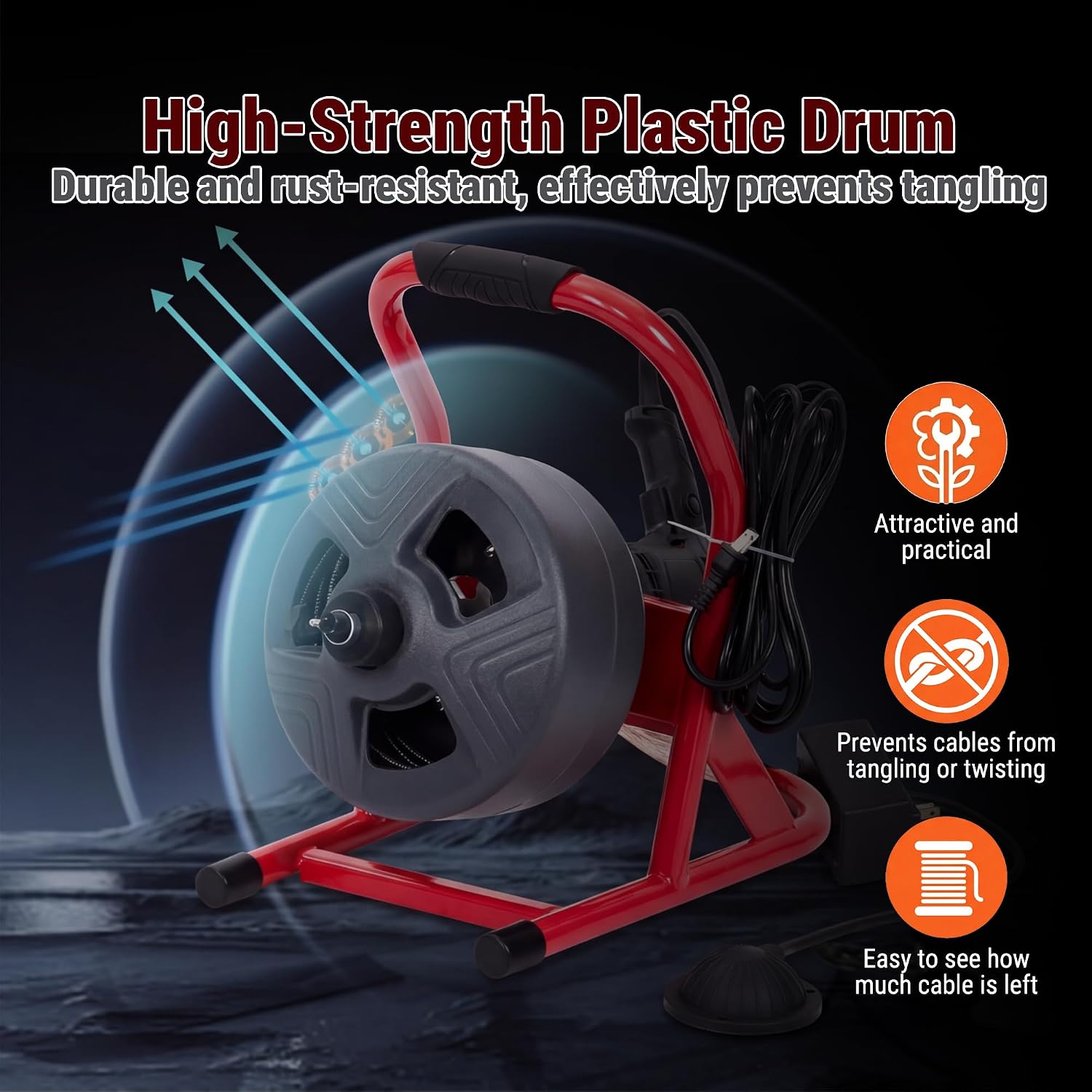 HoldwellS 50FT x 5/16 Inch Drain Cleaner Machine, Electric Drain Auger for 3/4"-3" Pipes, Sewer Snake Auger with 4 Cutters & Pneumatic Foot Switch