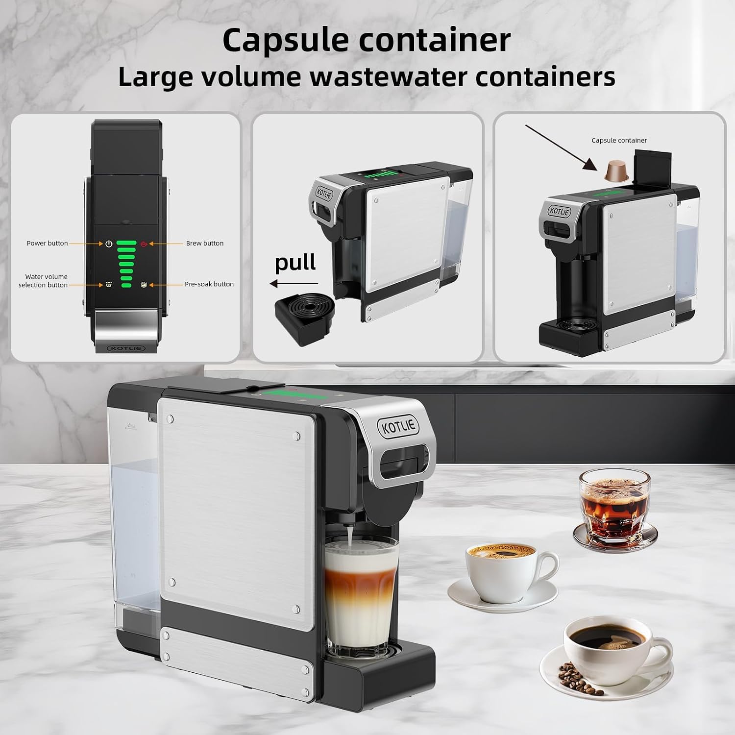 KOTLIE 19 Bar Single Serve Coffee Maker for K*cup, Nes Original, Dol*e Gusto, and Grounds, 34 Oz Reservoir with 7 Water Flow Settings, Ideal for Homes
