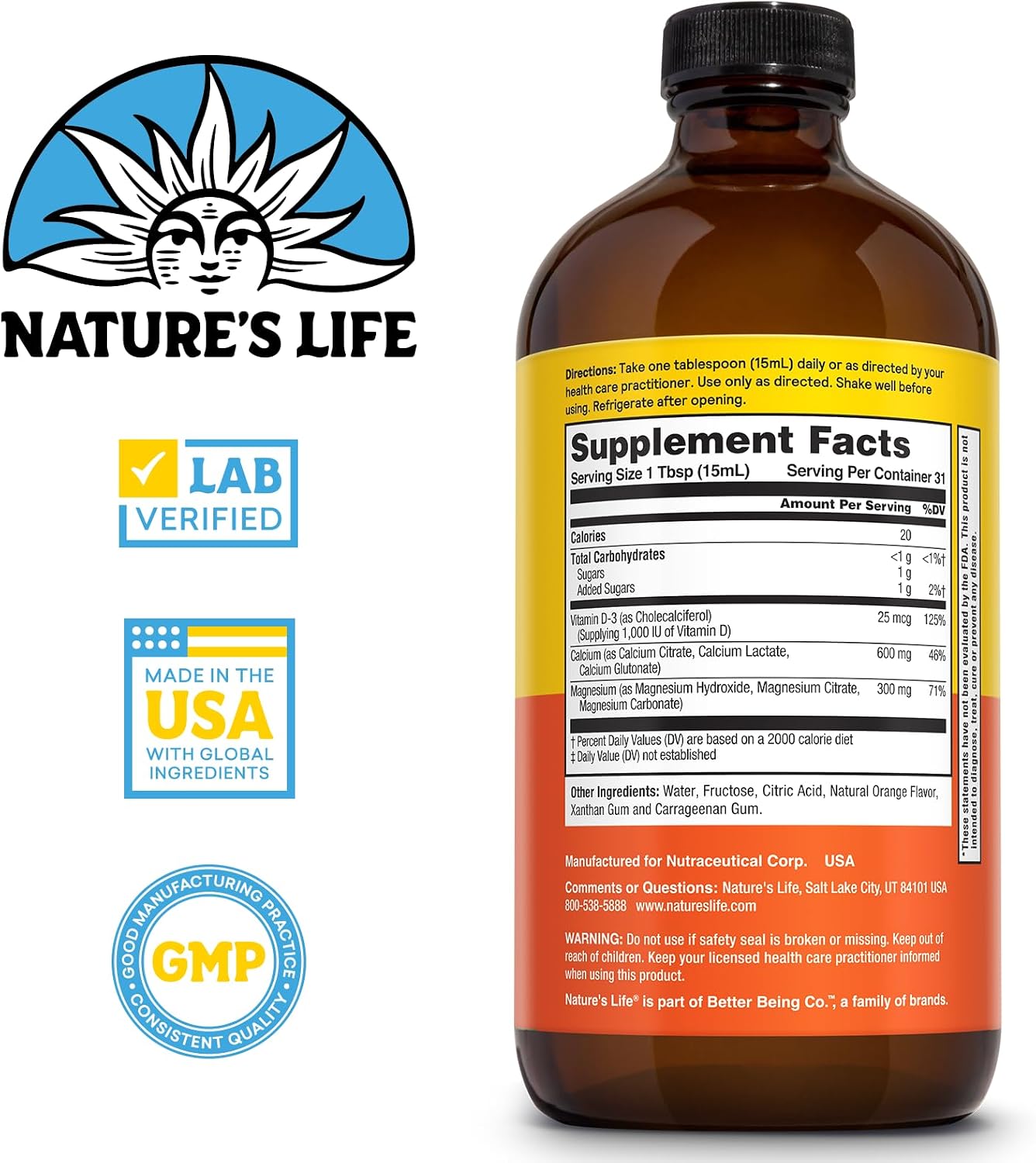 NATURE'S LIFE Liquid Calcium Magnesium Supplement with Vitamin D 3 - Bone Health, Muscle, Heart Health and Immune Support - Natural Orange Flavor