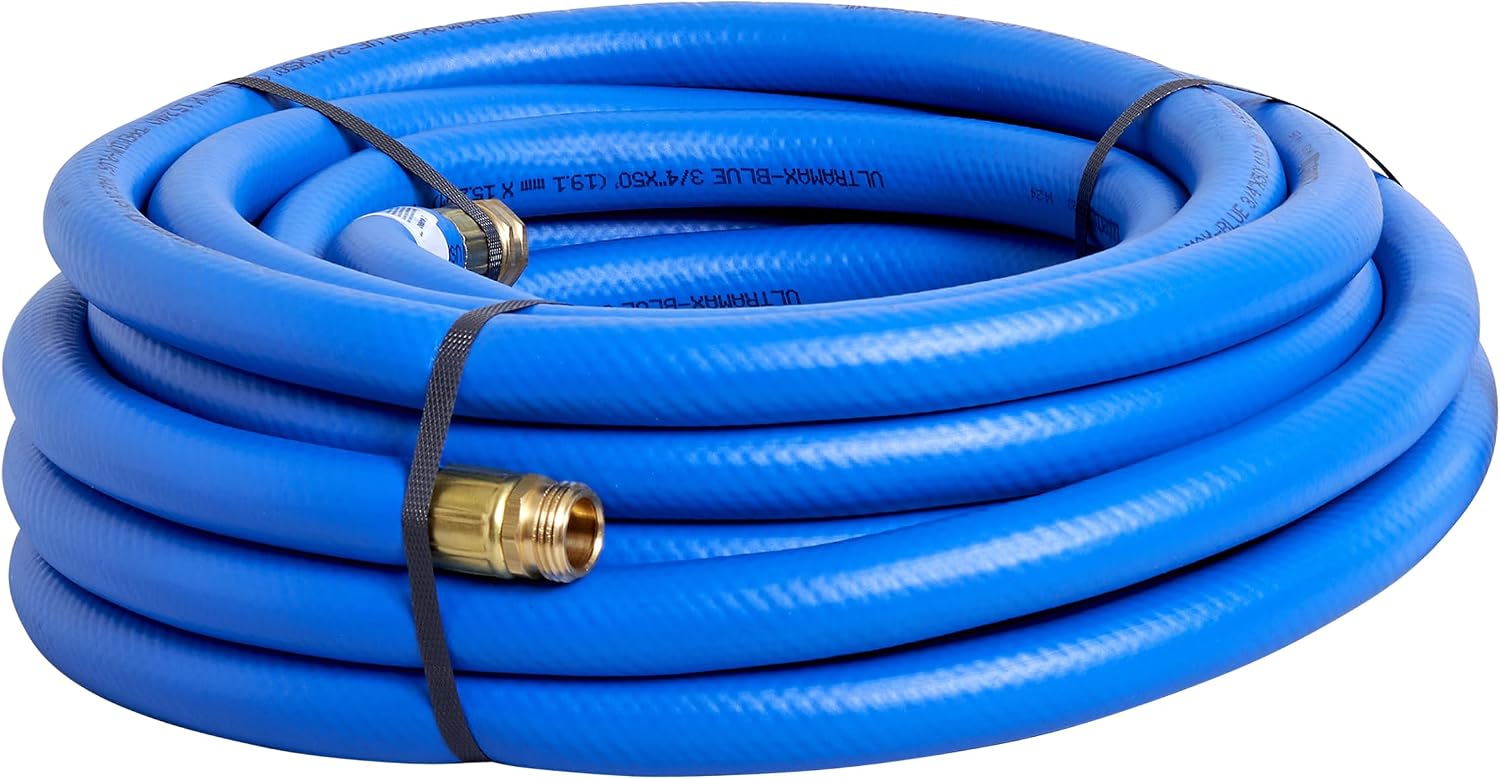 UltraMax Commercial Garden Water Hose 50 ft, Lightweight, Flexible, Anti-Kink, All Weather, 1200 psi, H75-050B, 3/4 Inch x 50 ft, Blue