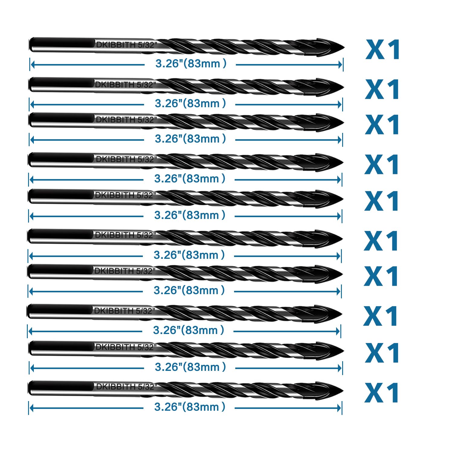 10-Piece Masonry Drill Bit Set for Concrete Tile Glass Ceramic Brick, 1/8 to 1/2 Inch Drilling Bits with Triangle Handle