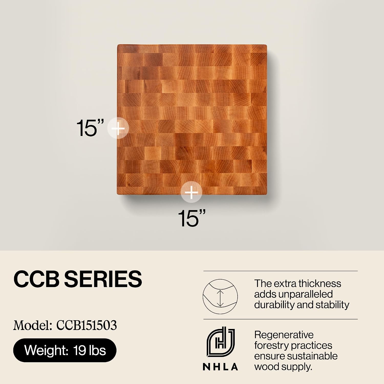 John Boos CCB Series Square Wooden Maple Cutting Board 12”x12” – 3” Thick, 13-lb Reversible Butcher Block with End-Grain & Finger Grips – Made in the USA