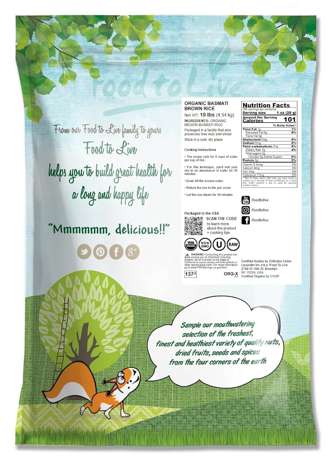 Food to Live Organic Brown Basmati Rice, 20 Pounds Non-GMO, Whole Long-Grain Rice Variety, Fragrant, Kosher, Vegan, Bulk. Less Starch Content. High in Dietary Fiber. Great for Making Stir-Fries
