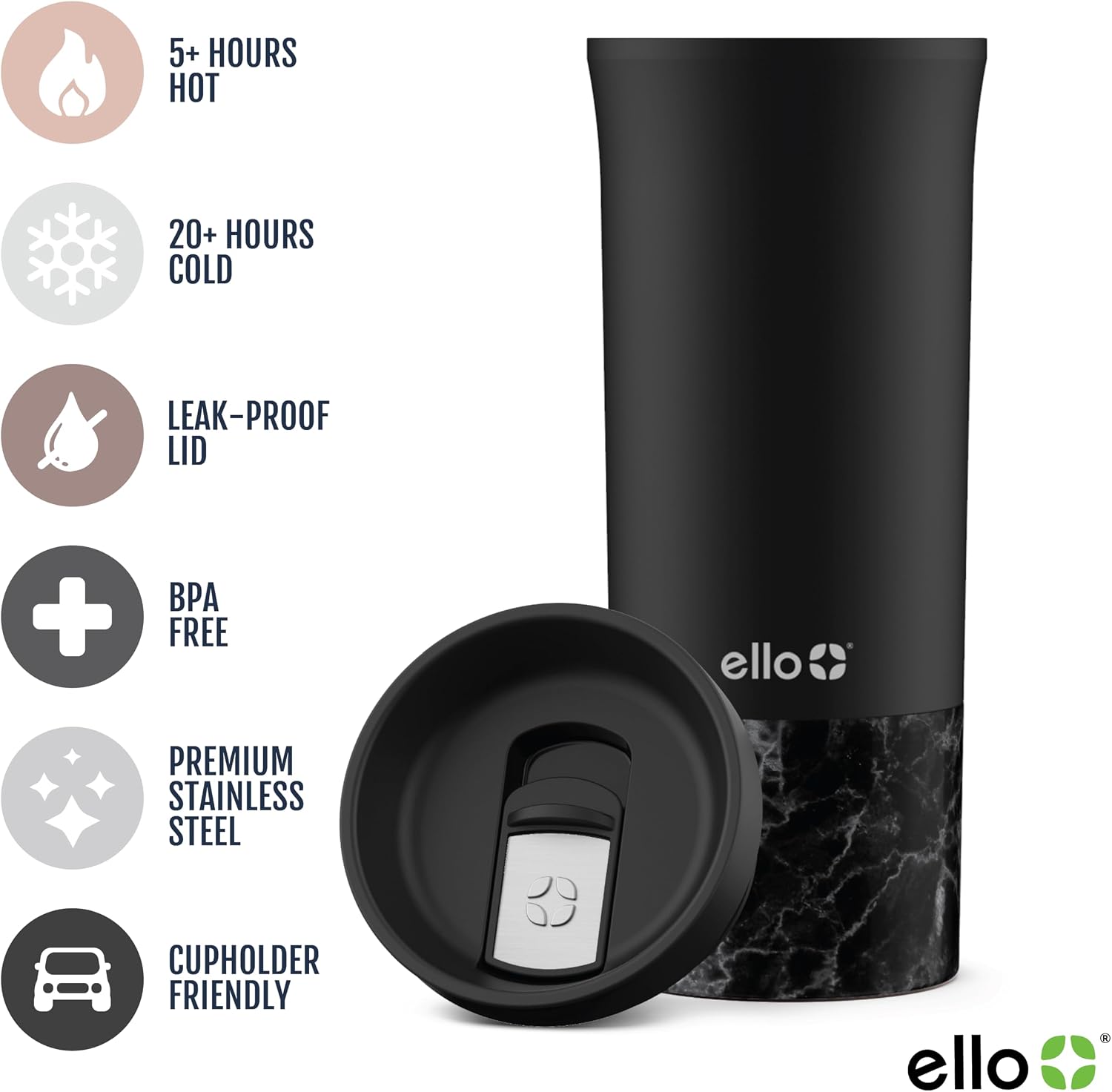 Ello Miri 16oz Insulated Stainless Steel Travel Mug with Slider Lid, Black Marble