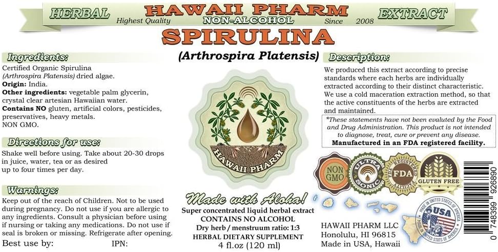 Hawaii Pharm Spirulina Alcohol-Free Liquid Extract, Professional Grade, Small Batch Crafted Spirulina (Arthrospira platensis) Dried Algae Glycerite Natural Herbal Supplement, 2 fl.oz