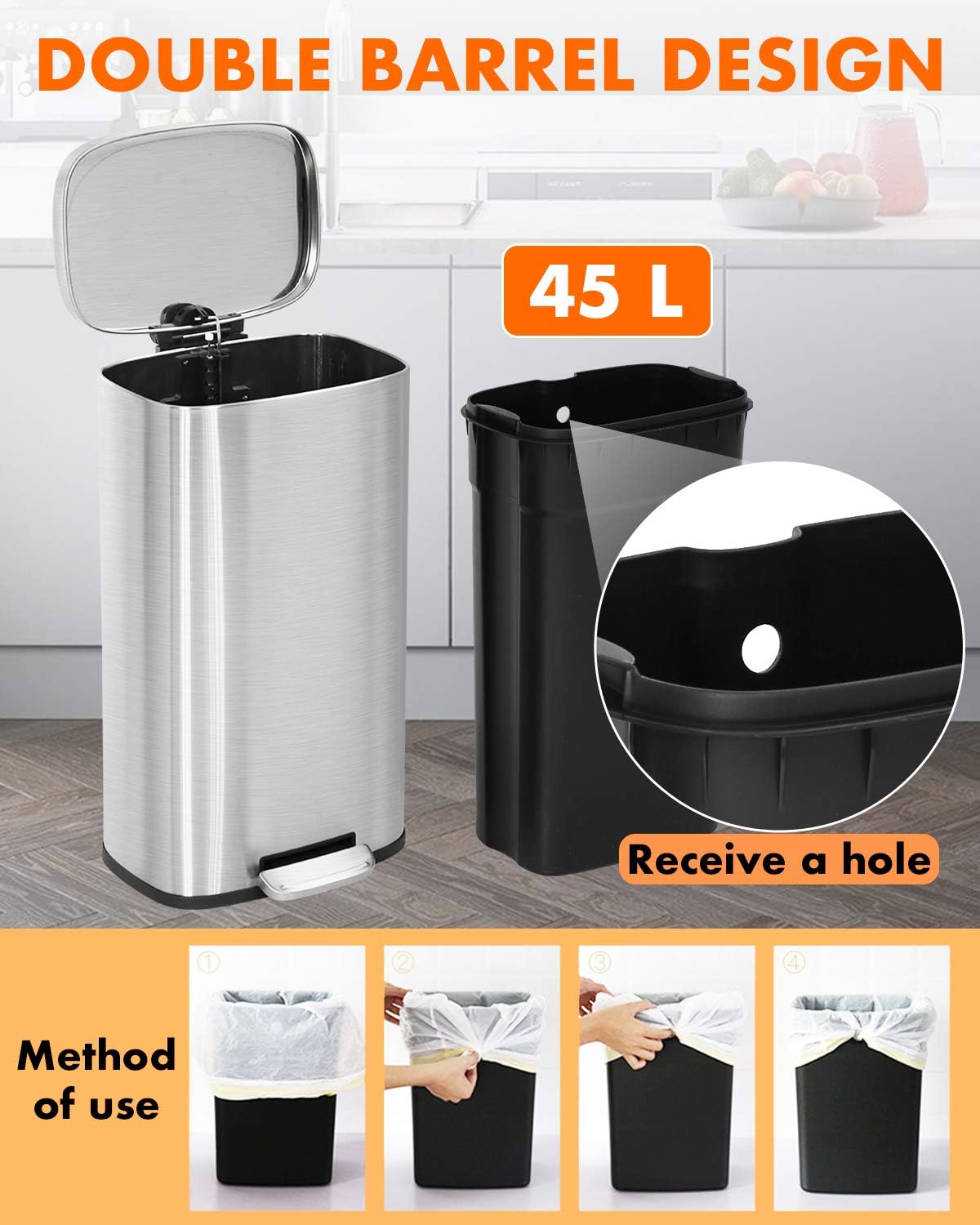 FDW | 13 Gallon Trash Can with Lid | Steel | Fingerprint-Proof | Made of Brushed Stainless Steel | Soft-Close Step Pedal | Hands-Free Use | Easy to Clean | for Kitchen, Office, Bathroom