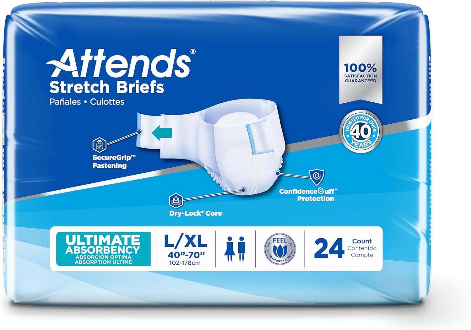 Attends Stretch Adult Incontinence Disposable Briefs, Large/X-Large, 40"-70" Waist with SecureGrip Tab Closure, Ultimate Absorbency with Dry-Lock Containment Core and Breathable Side Panels, 96ct Case