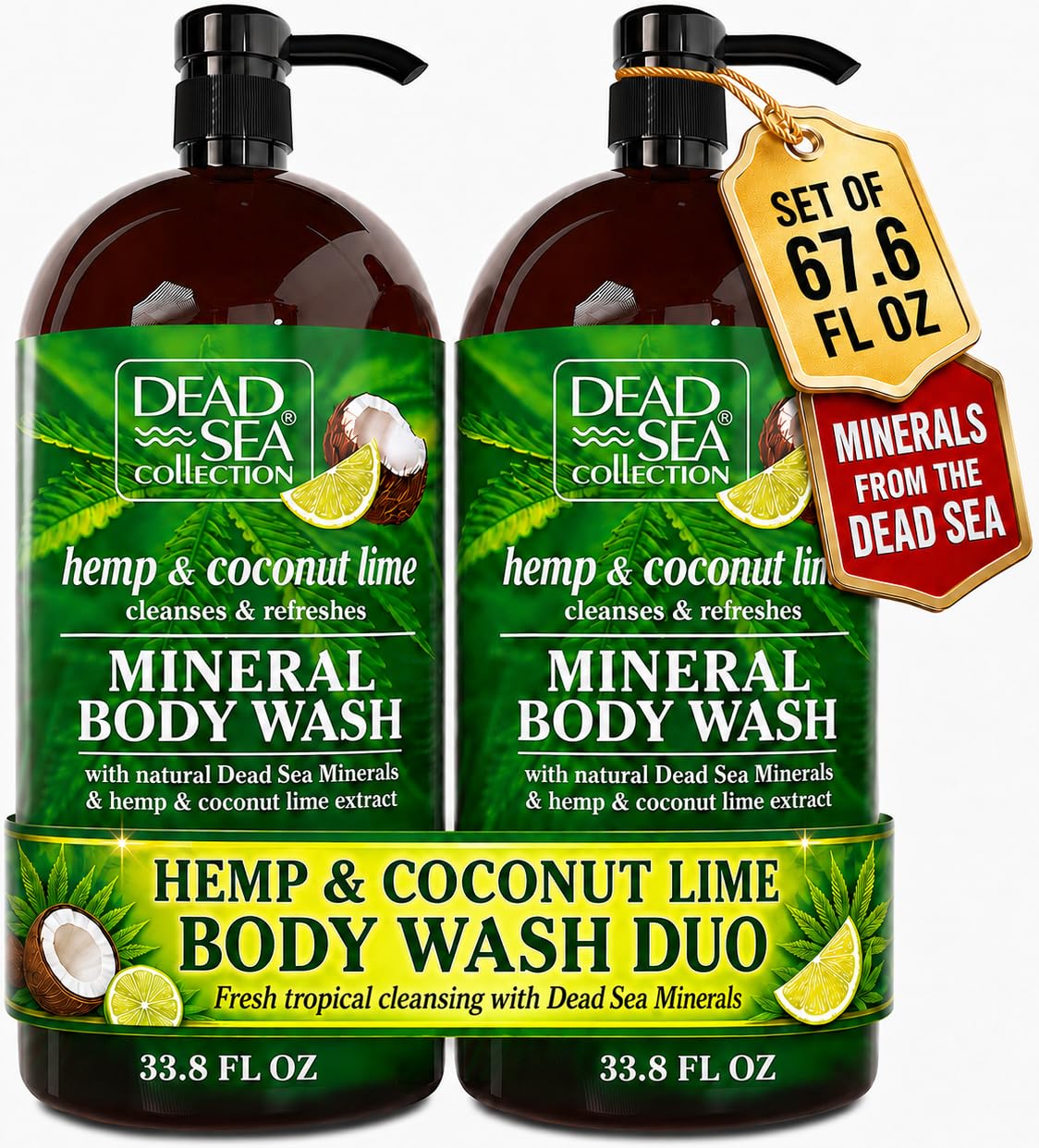 Dead Sea Collection Coconut Body Wash for Women and Men - with Pure Dead Sea Minerals and Coconut Oil - Cleanses and Moisturizes Skin - Pack of 2 (67.6 fl. oz)