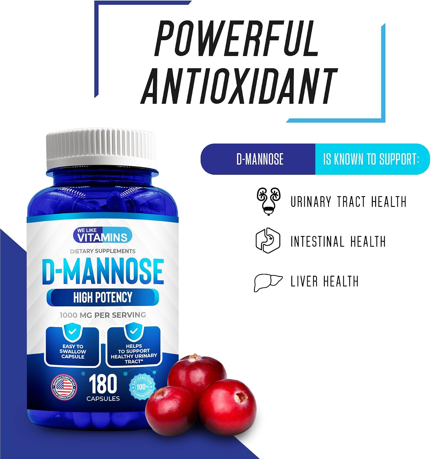 D-Mannose 1000mg - 180 Veggie Capsules - D Mannose Supplements for Women | Cranberry D-Mannose Helps Support Bladder & Urinary Tract Health - 180