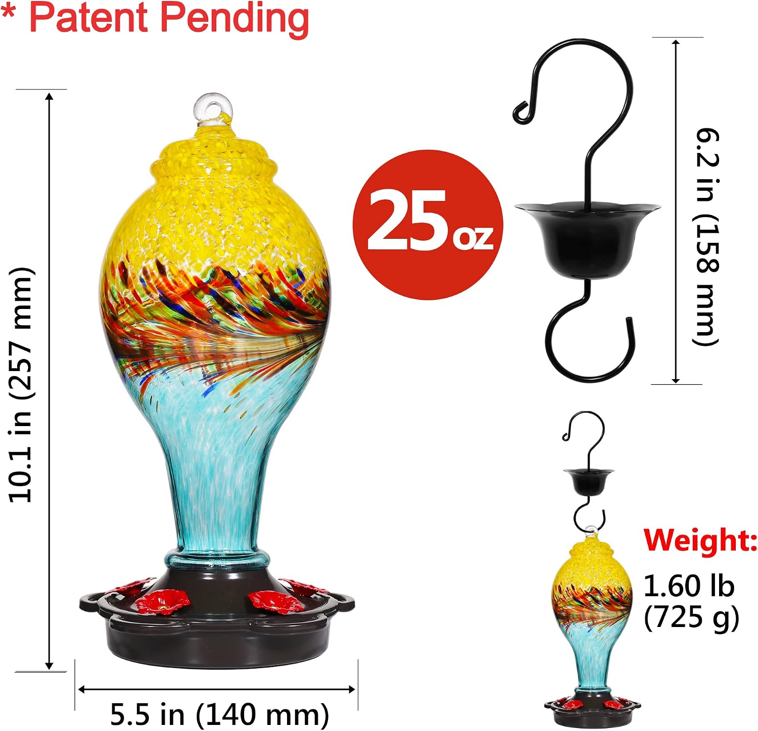 LUJII Hummingbird Feeder, Hand Blown Glass Hummingbird Feeder, Never Fade, 36 Fluid Ounces, 5 Feeding Metal Stations, Much Bigger, Garden Backyard Decorative, Containing Ant Moat (Blue)