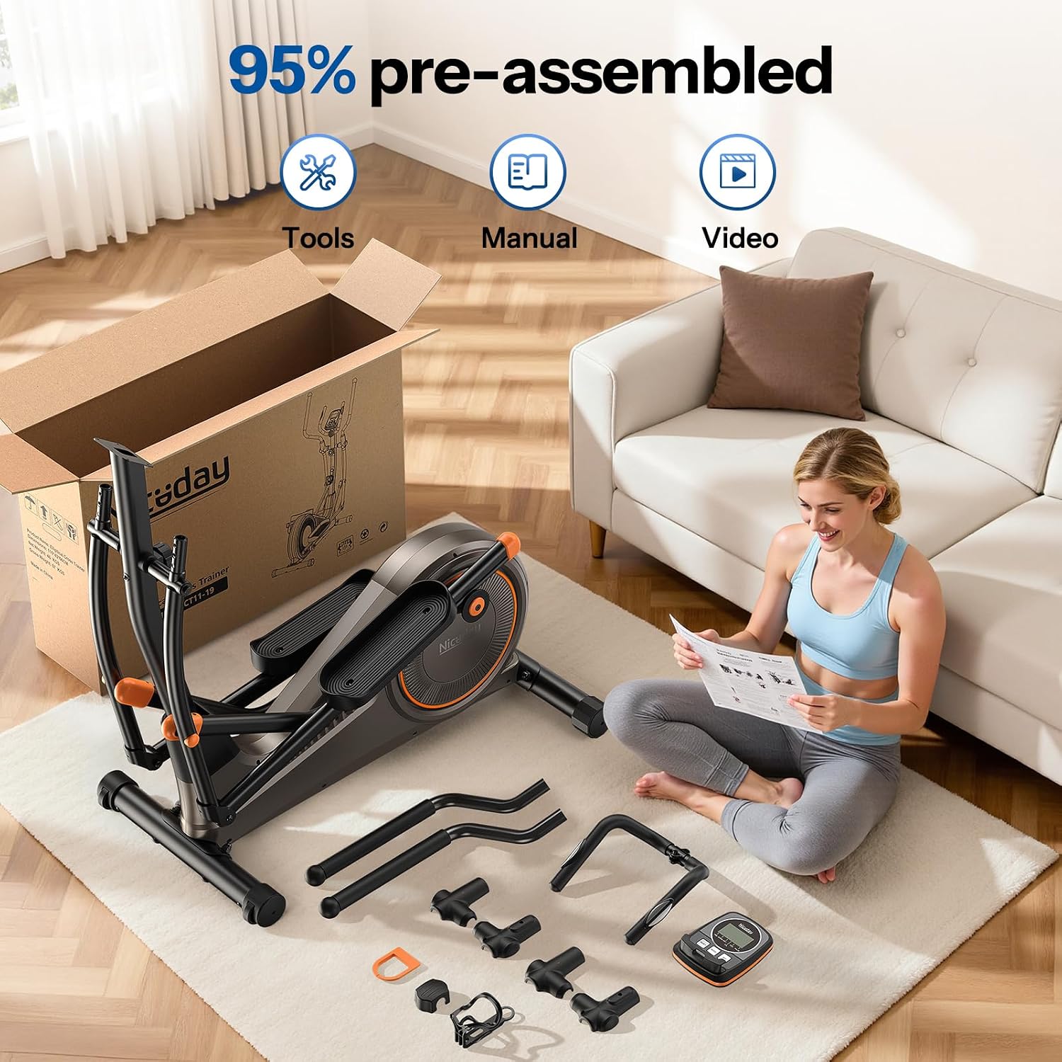 Niceday Elliptical Exercise Machine with 15.5/18/19IN Long Stride | Compact Elliptical Machine for Home Use, 16 Resistance Levels; 400LBS Stable Loading Capacity; Kinomap APP Support
