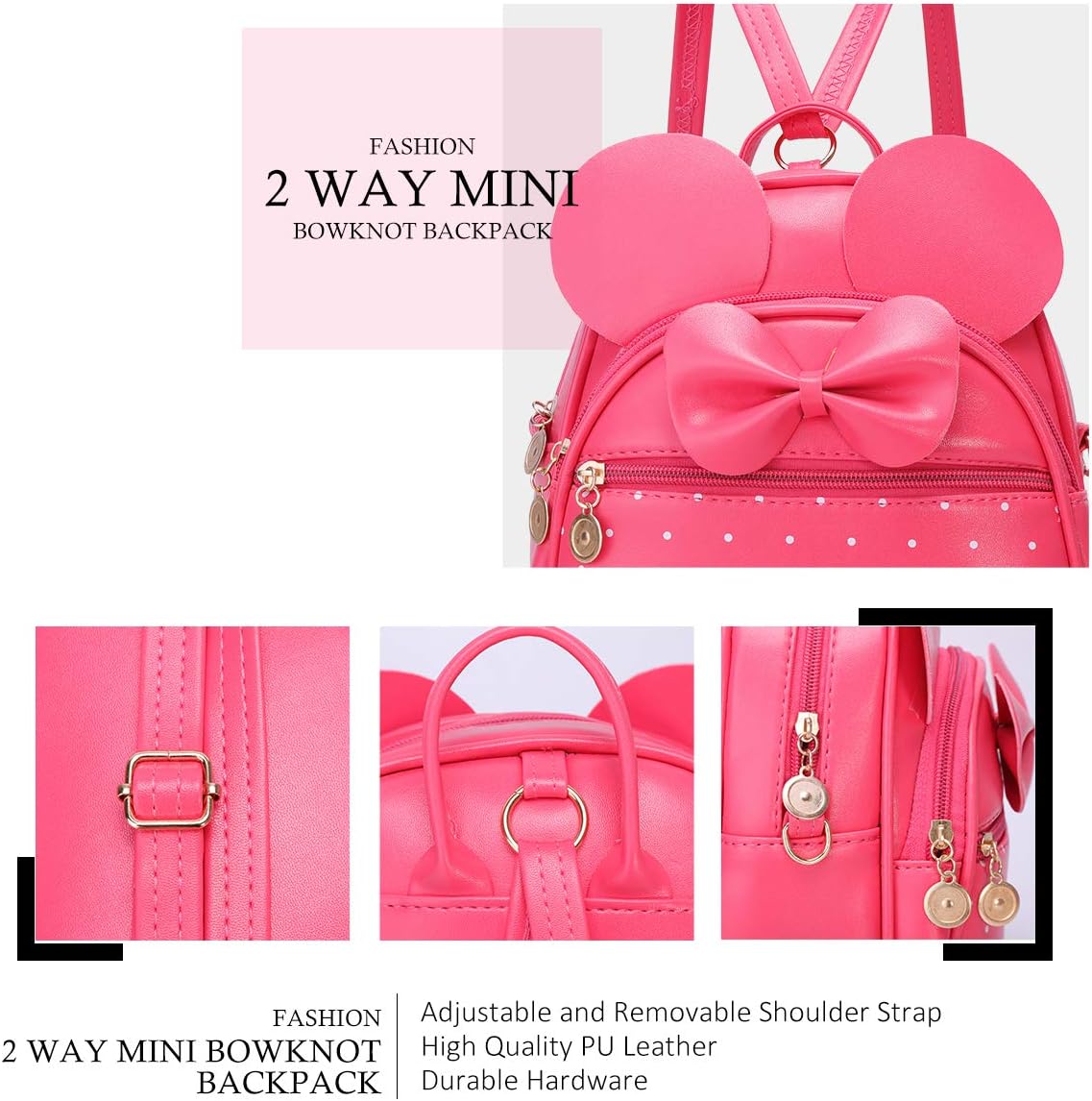 KL928 Girls Mini Backpack Bowknot Polka Dot Cute Small Daypacks Convertible Shoulder Bag Purse for Women